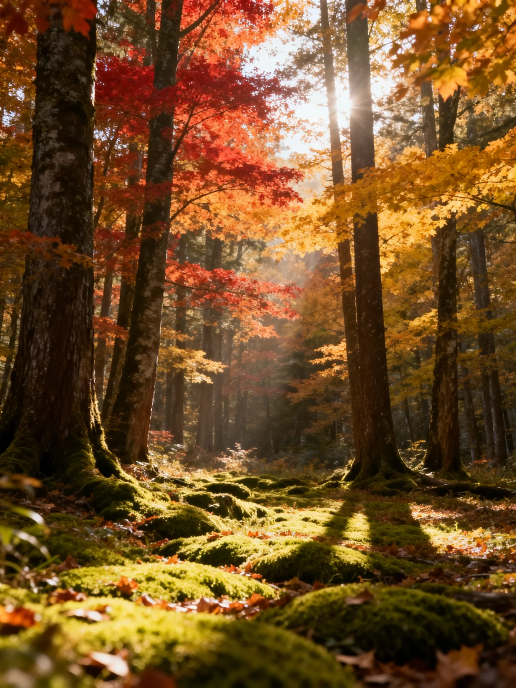 A sun-dappled autumn forest with vibrant foliage and moss-covered ground