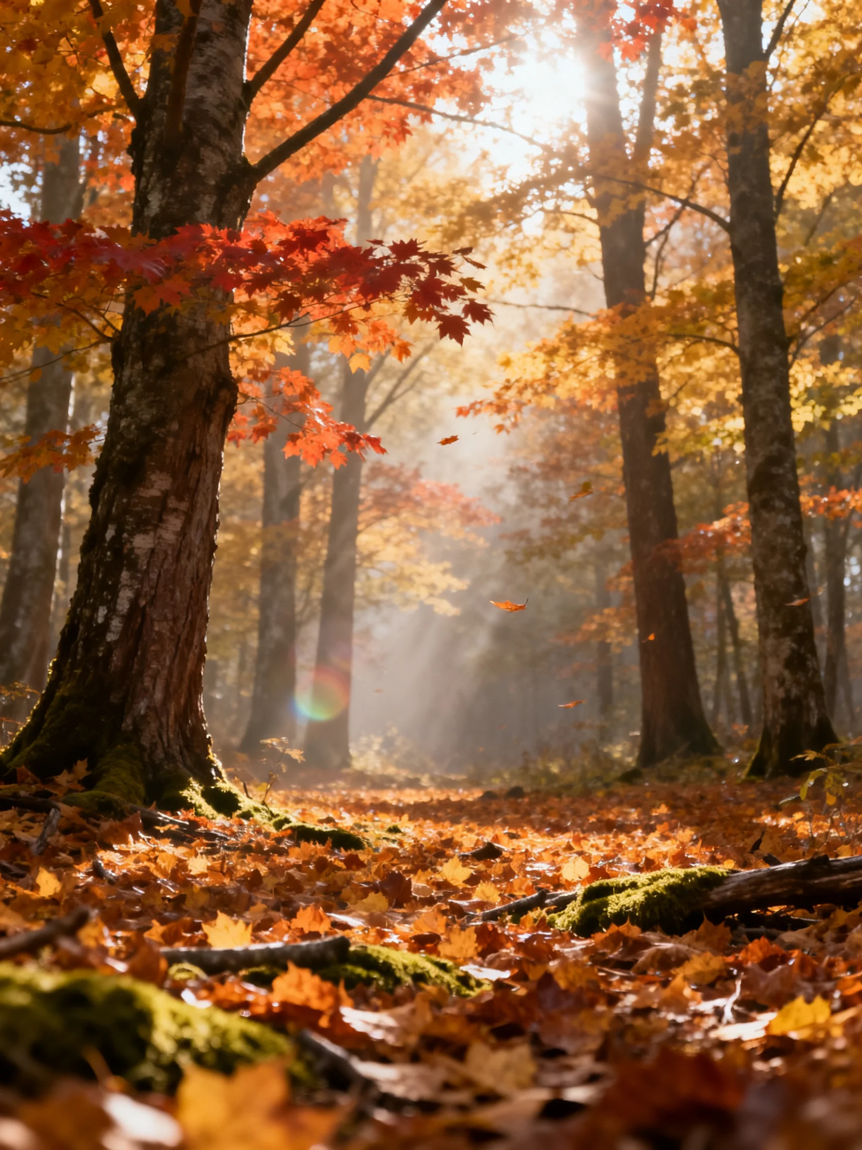 A sun-dappled autumn forest with vibrant orange and golden foliage