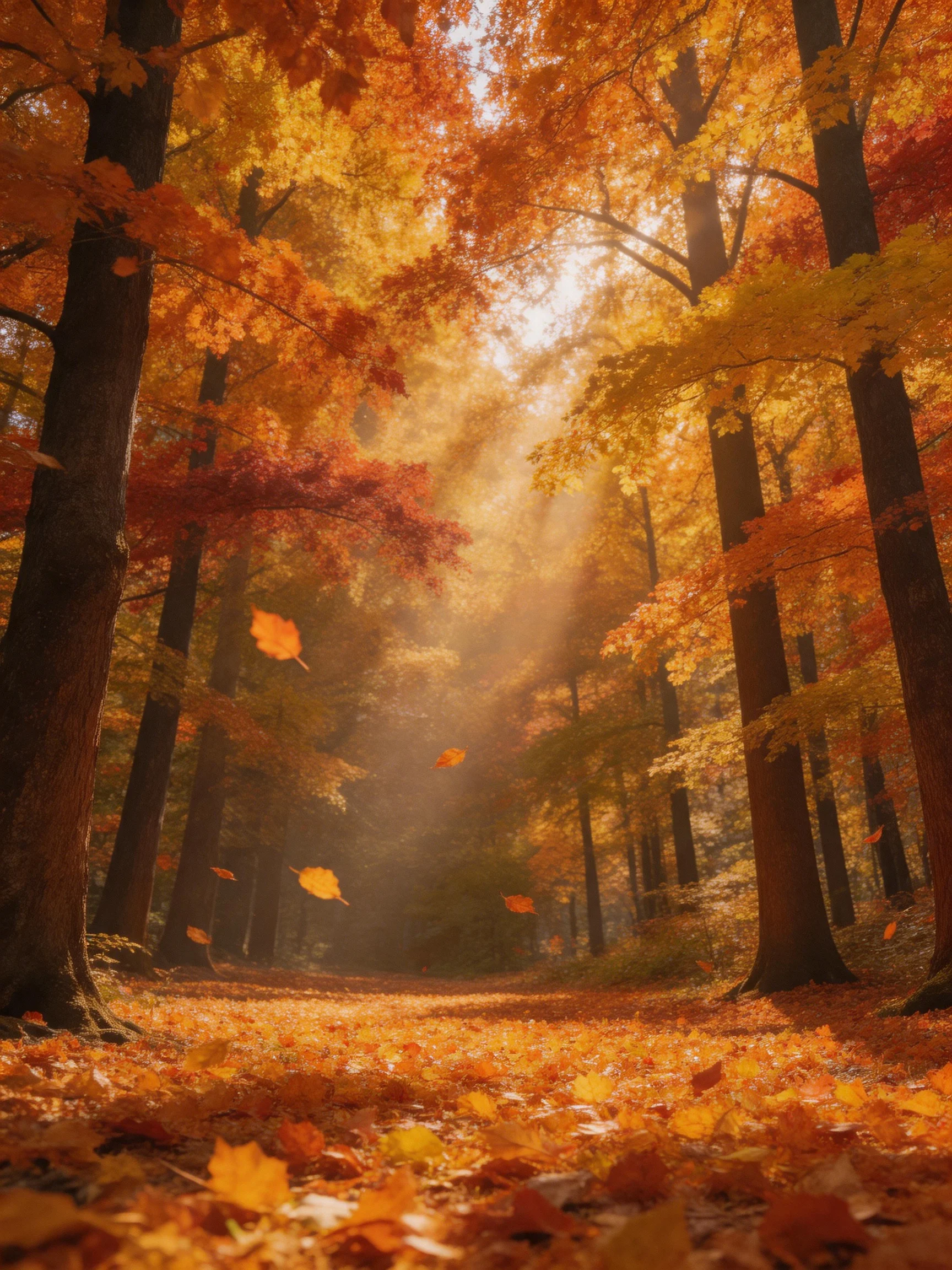 A sun-dappled autumn forest with vibrant orange and yellow foliage