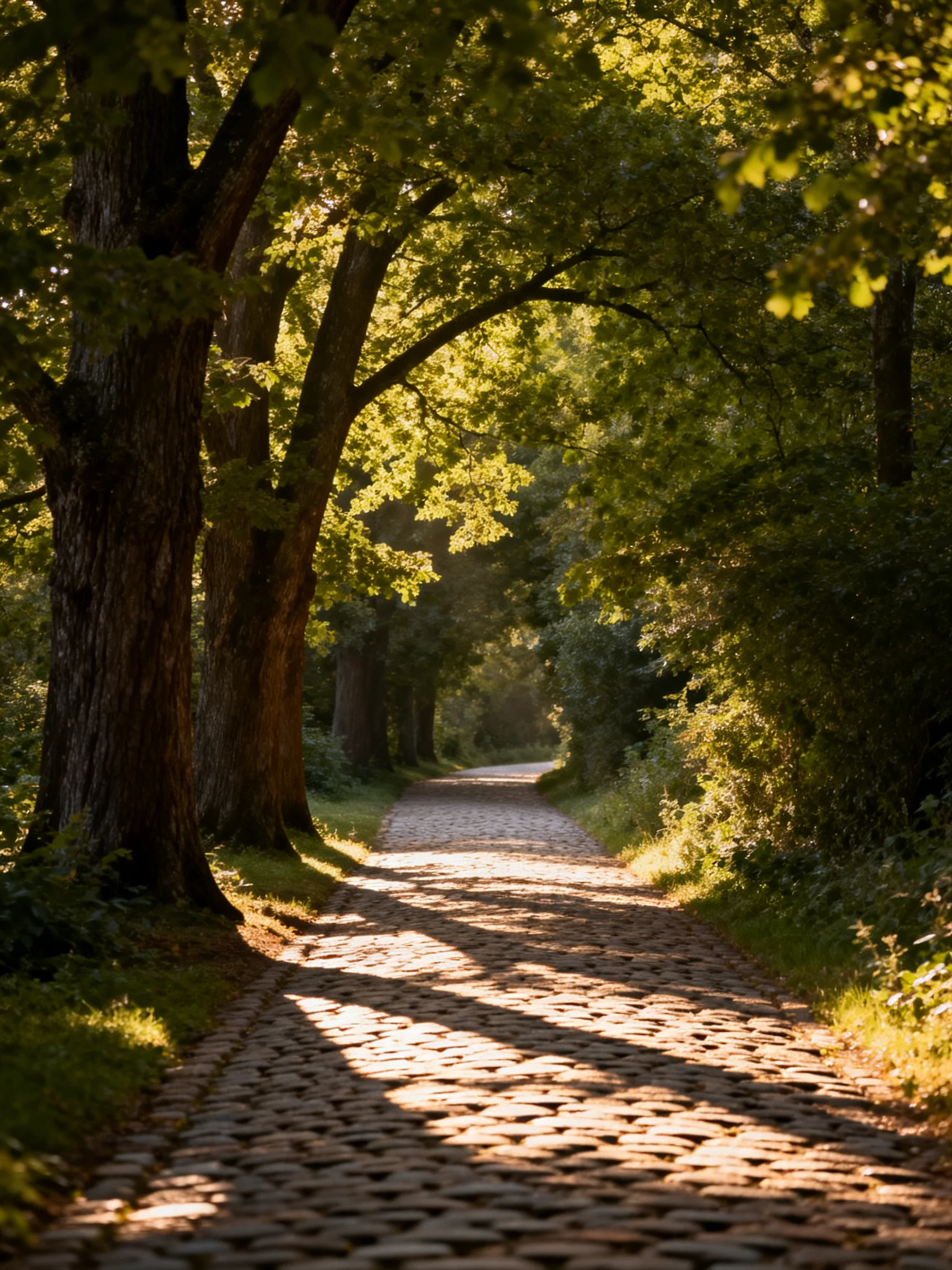 A sun-dappled cobblestone path lined with tall green trees