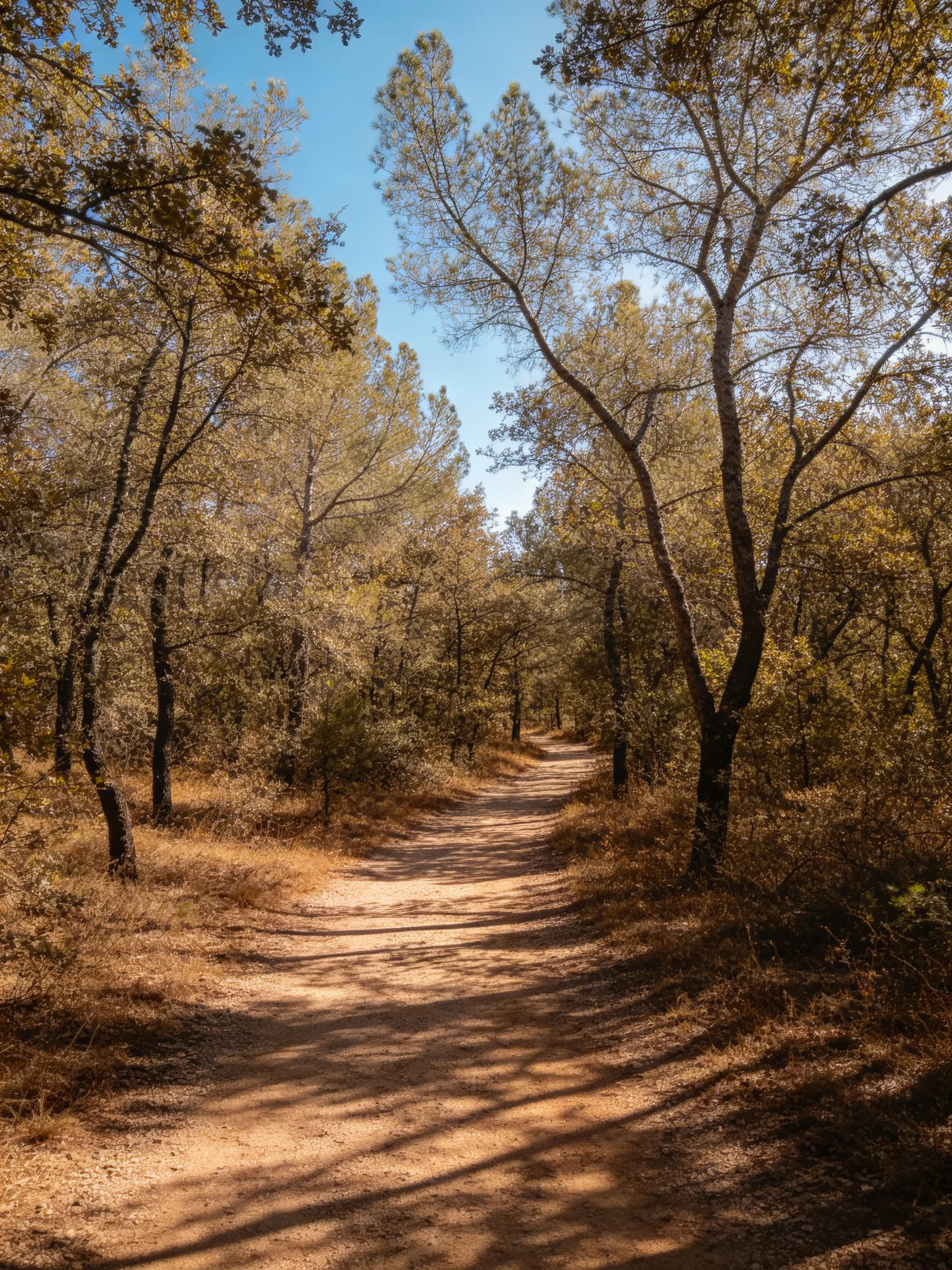 A sun-dappled dirt path winding through golden-hued trees