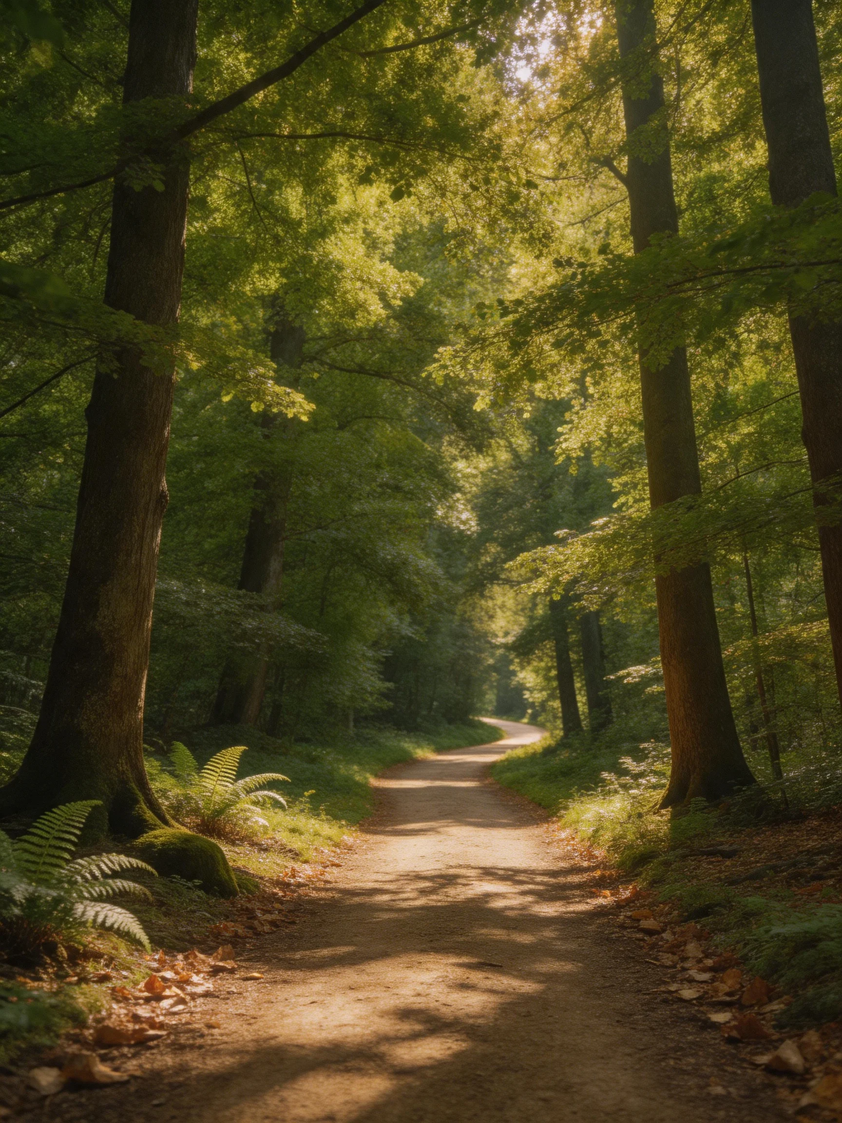 A sun-dappled dirt path winding through lush green forest