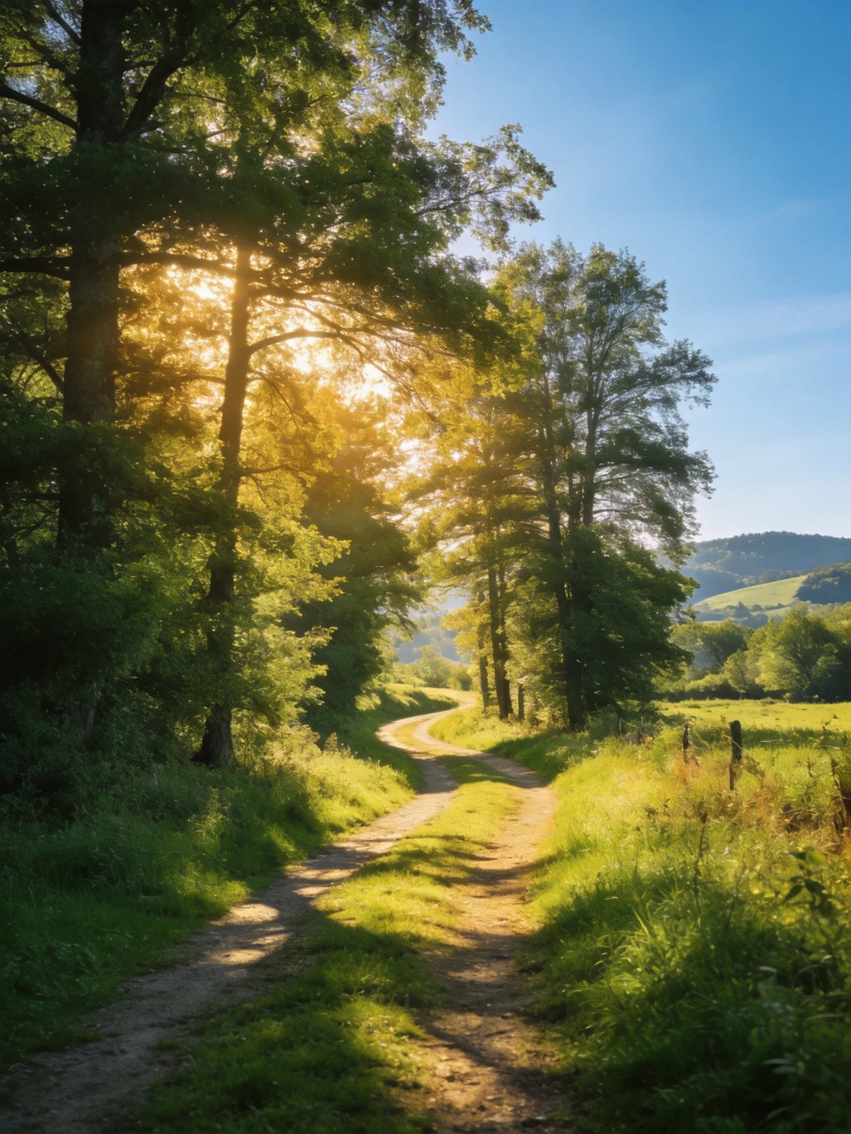 A sun-dappled dirt path winding through lush green forests