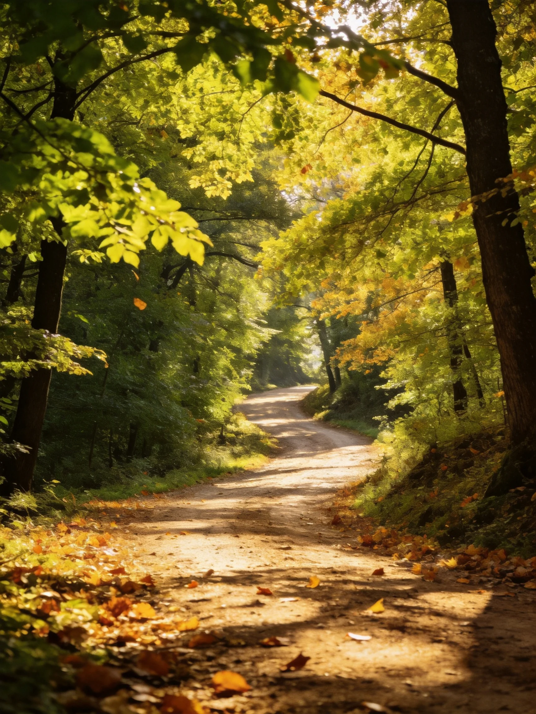 A sun-dappled dirt path winds through an autumnal forest