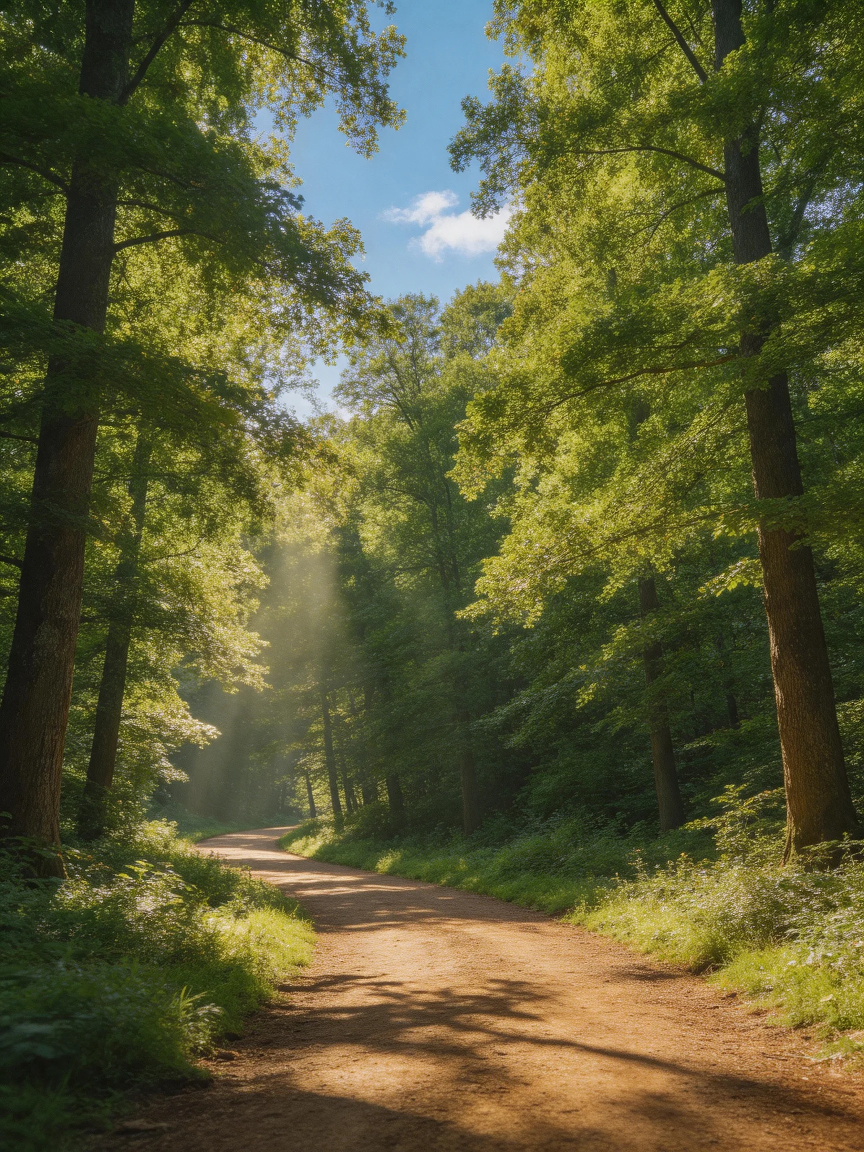 A sun-dappled dirt path winds through lush green forest