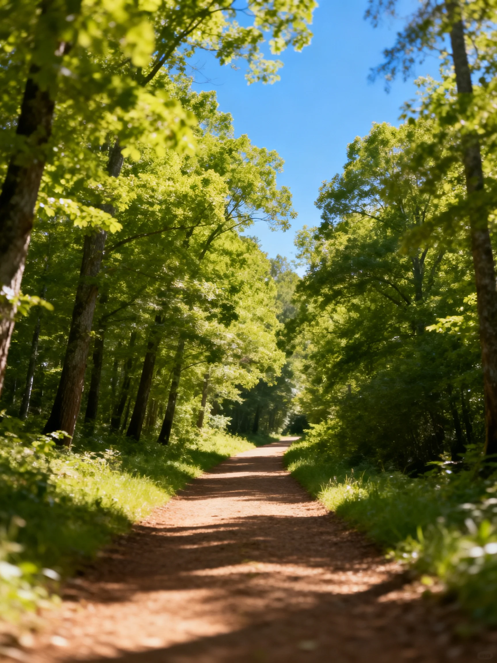 A sun-dappled dirt path winds through lush green woods under bright blue sky