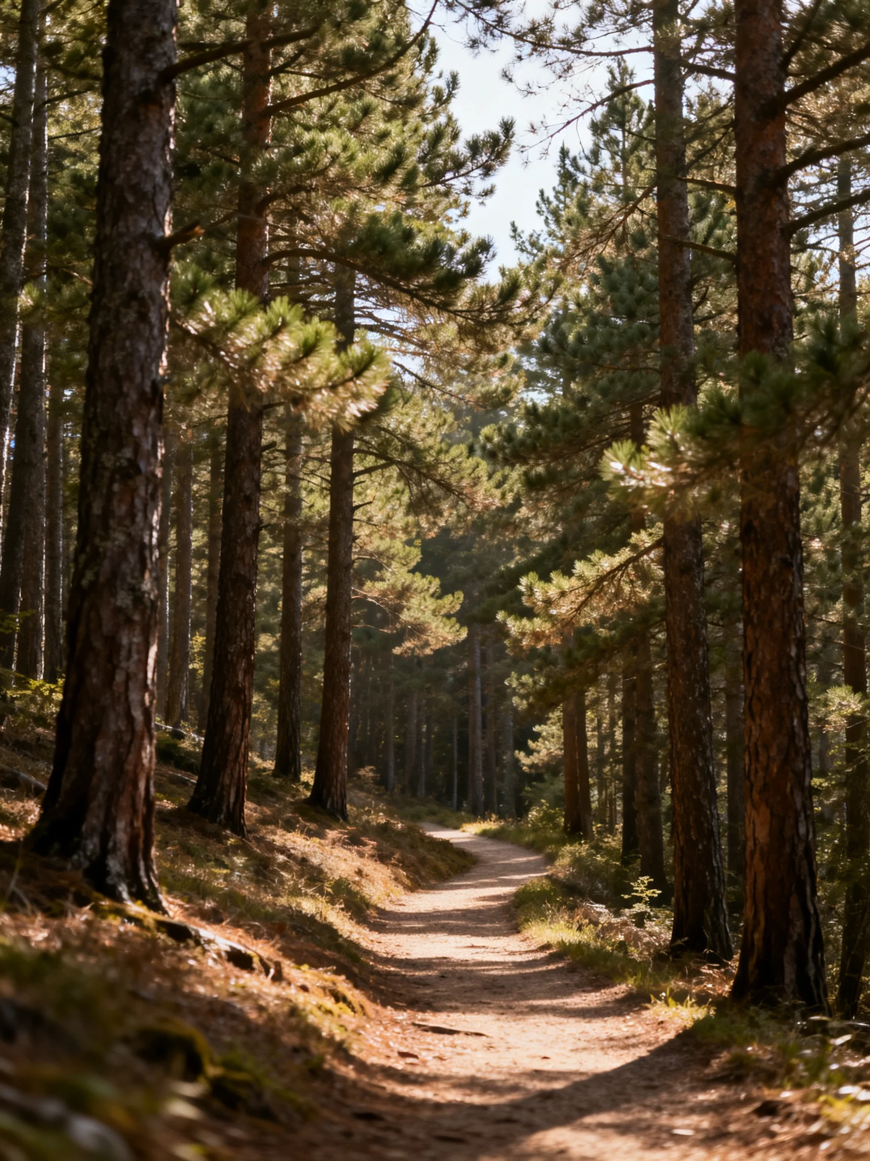 A sun-dappled dirt path winds through tall pine trees in a forest