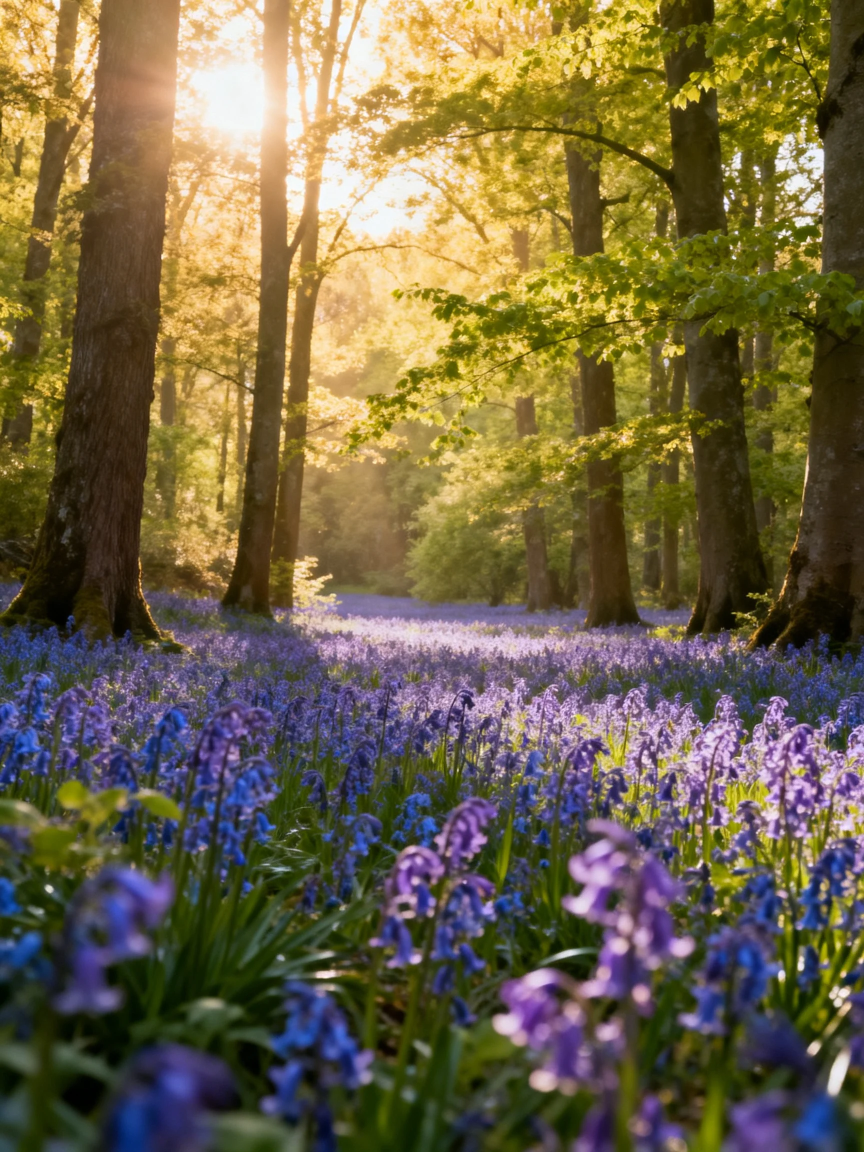 A sun-dappled forest filled with dense purple-blue flowers