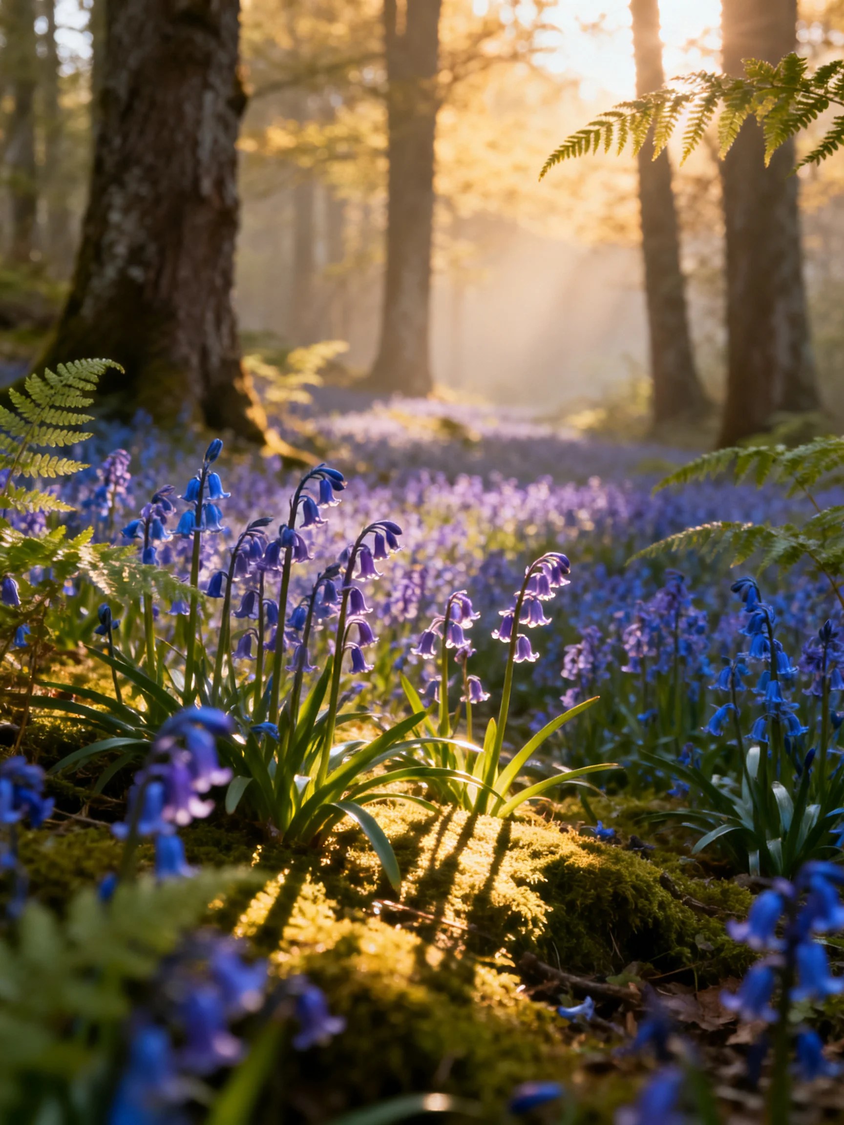 A sun-dappled forest filled with vibrant bluebells and ferns