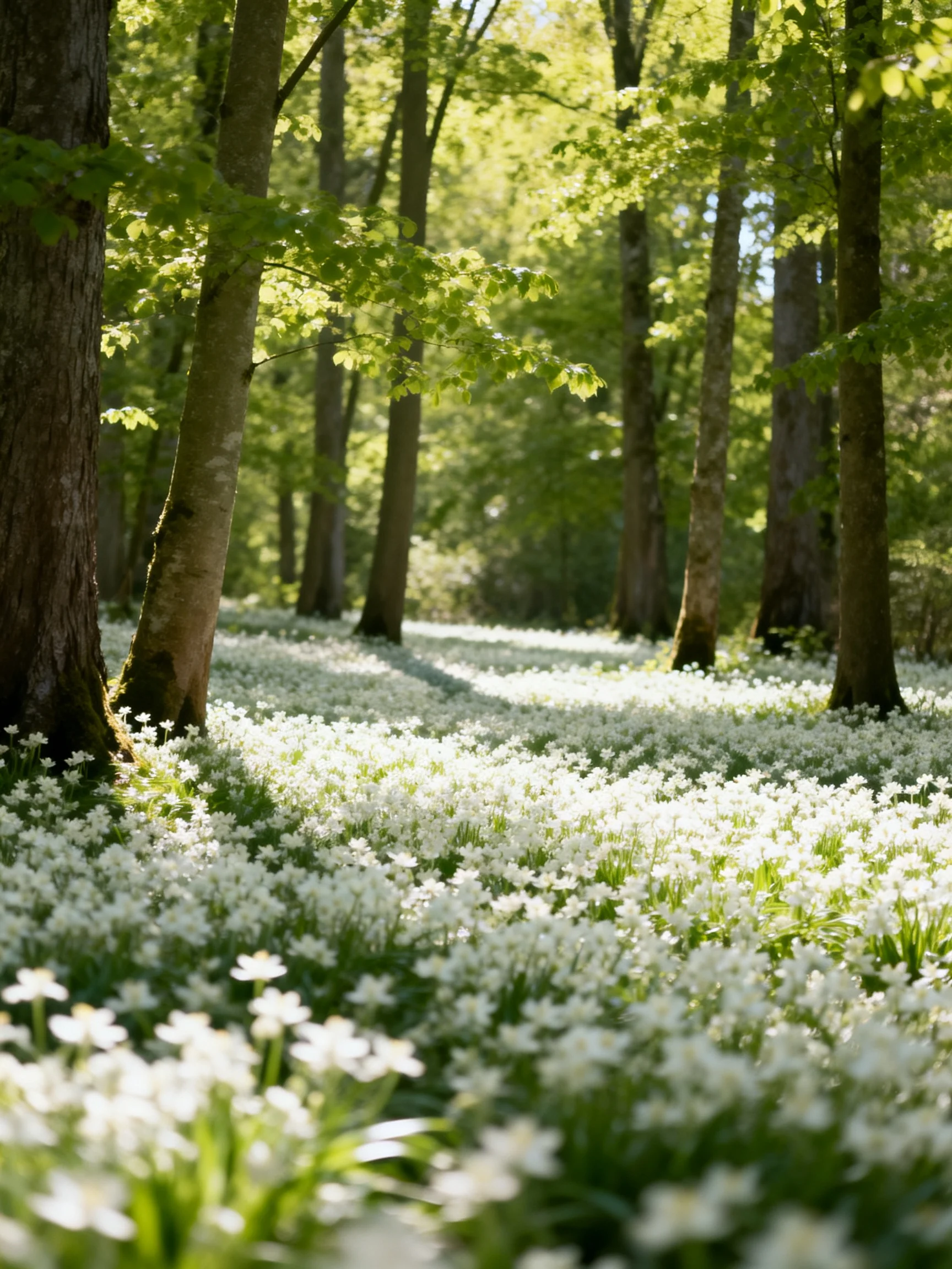 A sun-dappled forest floor blanketed in white wildflowers