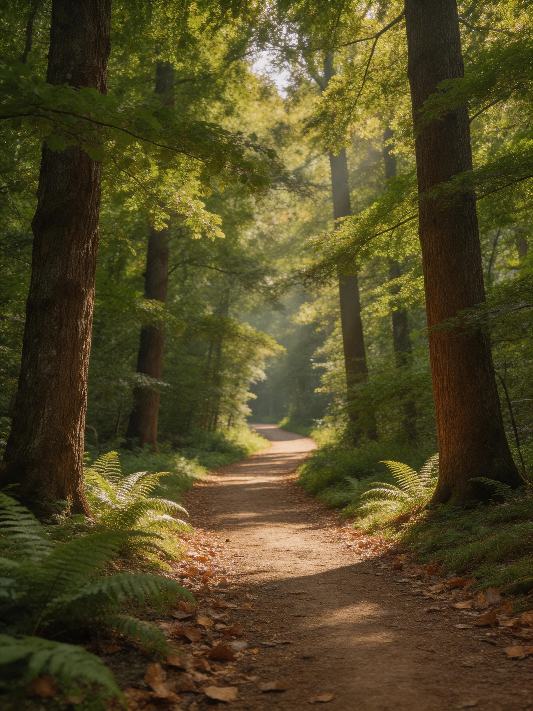 A sun-dappled forest path bordered by tall brown trees and green ferns