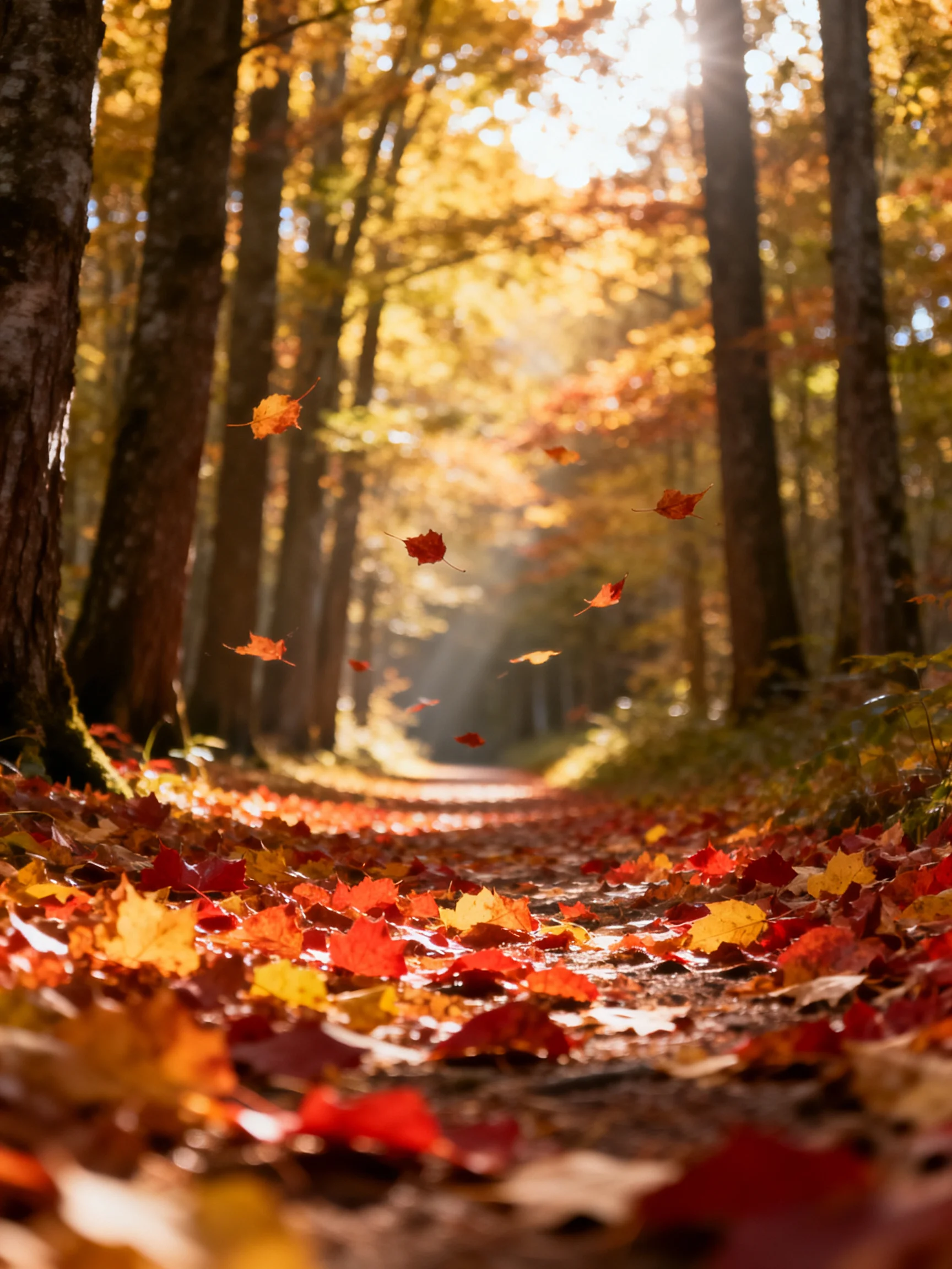 A sun-dappled forest path covered in vibrant fall leaves