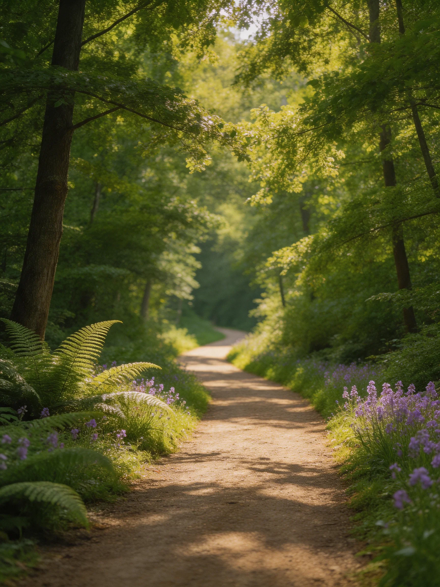 A sun-dappled forest path flanked by ferns and purple wildflowers