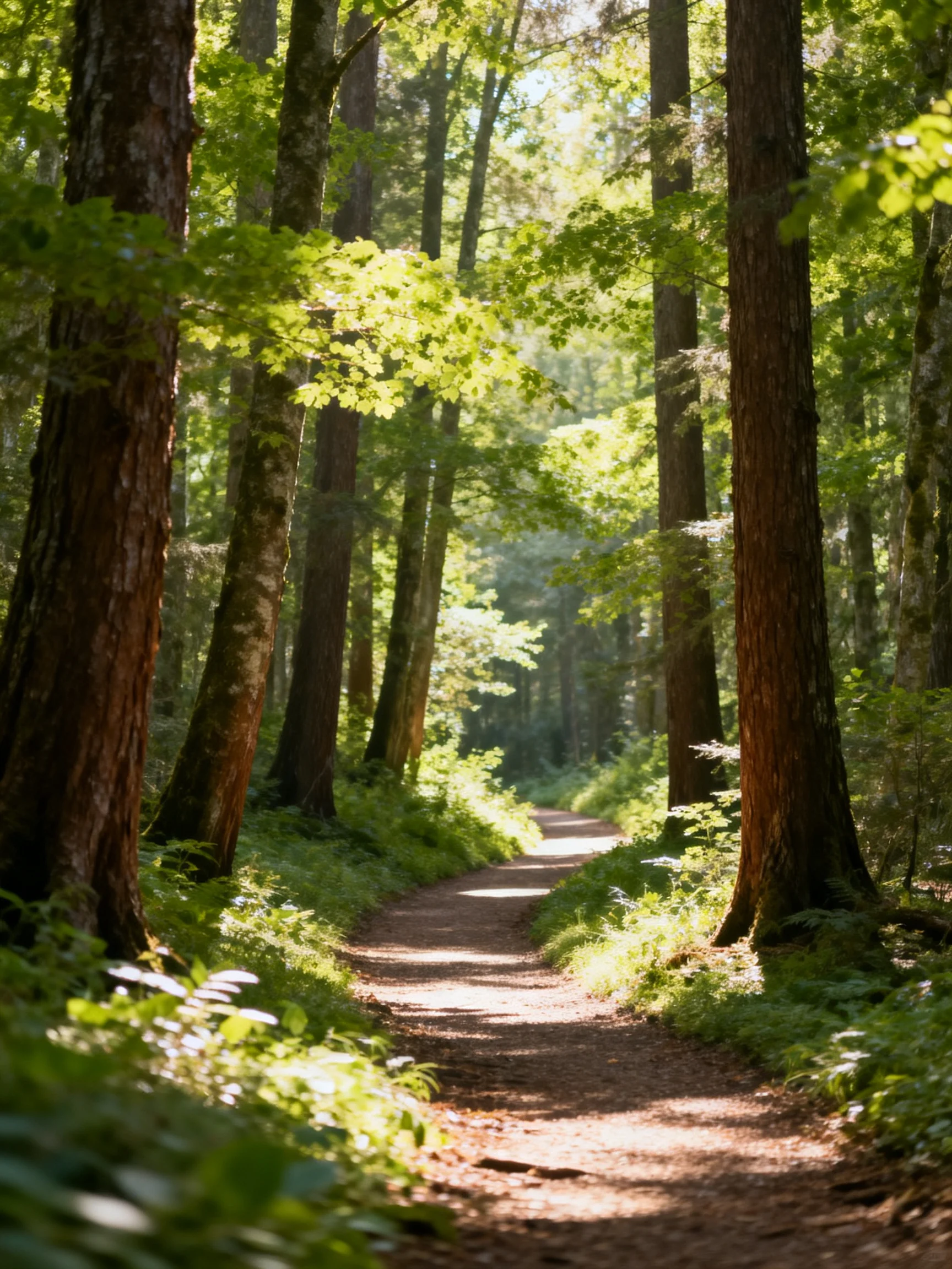 A sun-dappled forest path flanked by tall brown-trunked trees and lush greenery