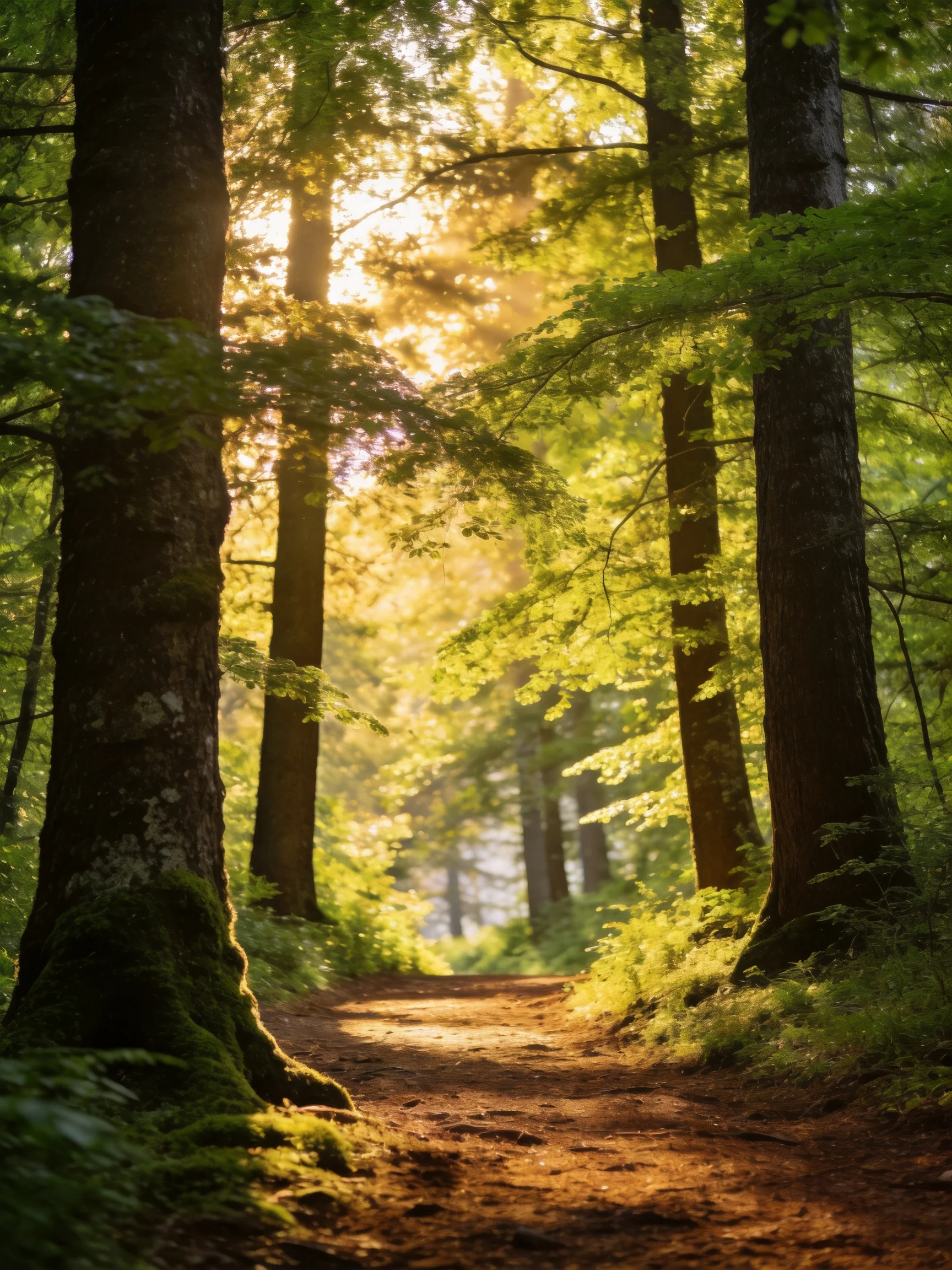 A sun-dappled forest path flanked by tall trees in golden light