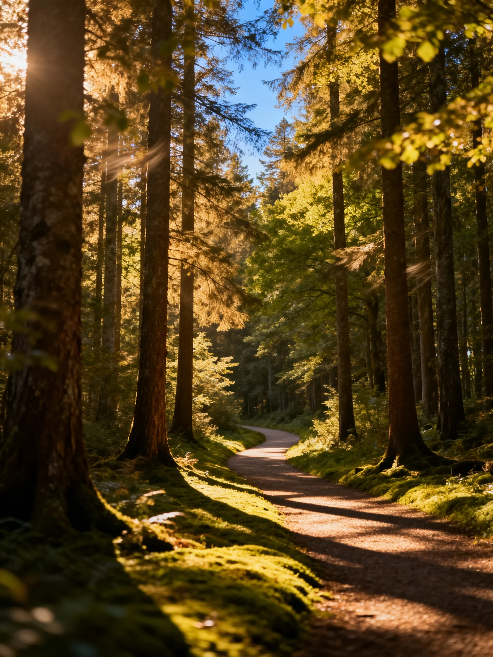 A sun-dappled forest path flanked by towering trees and moss-covered ground