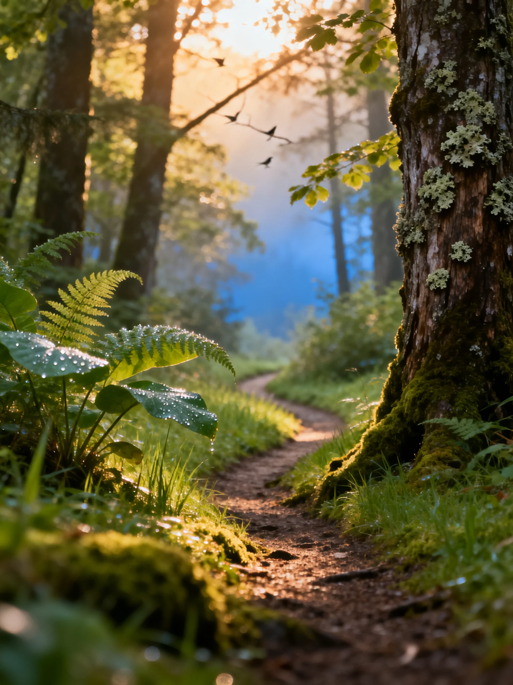 A sun-dappled forest path lined by mossy trees and dewy ferns