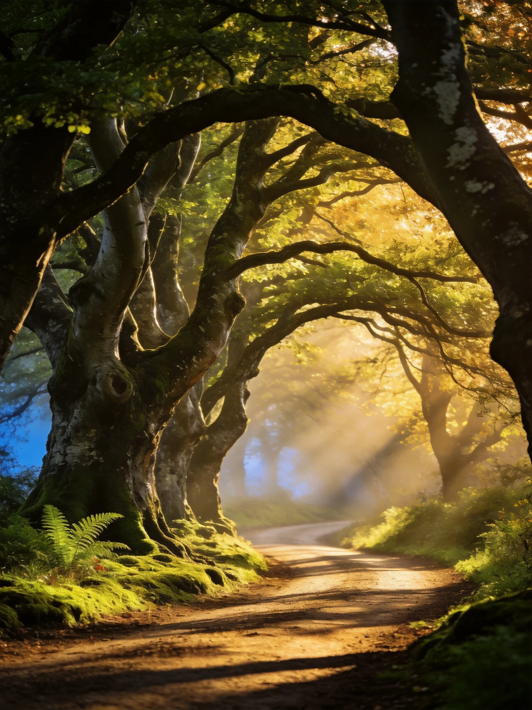 A sun-dappled forest path lined with ancient, moss-covered trees