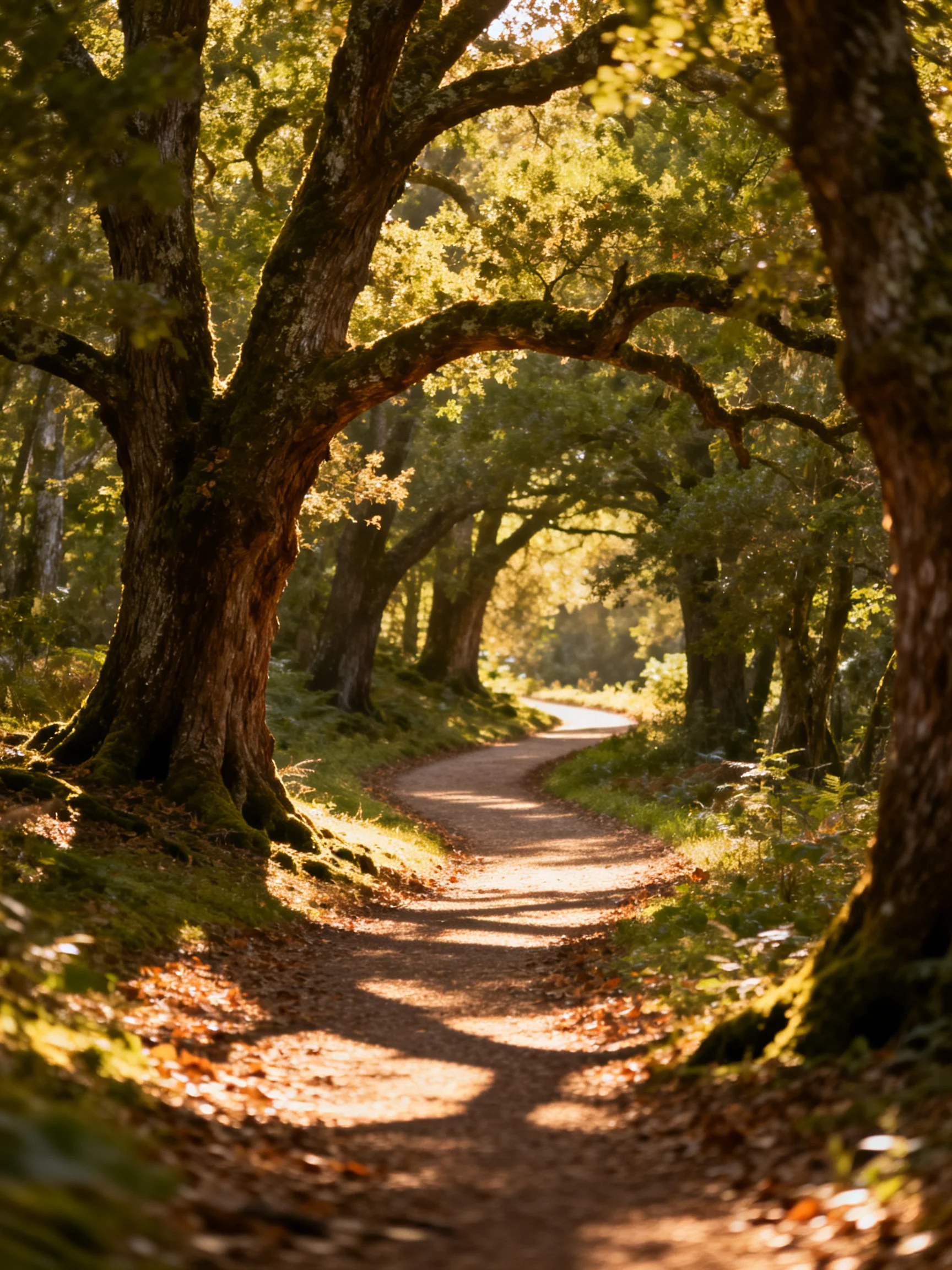 A sun-dappled forest path lined with ancient oak trees