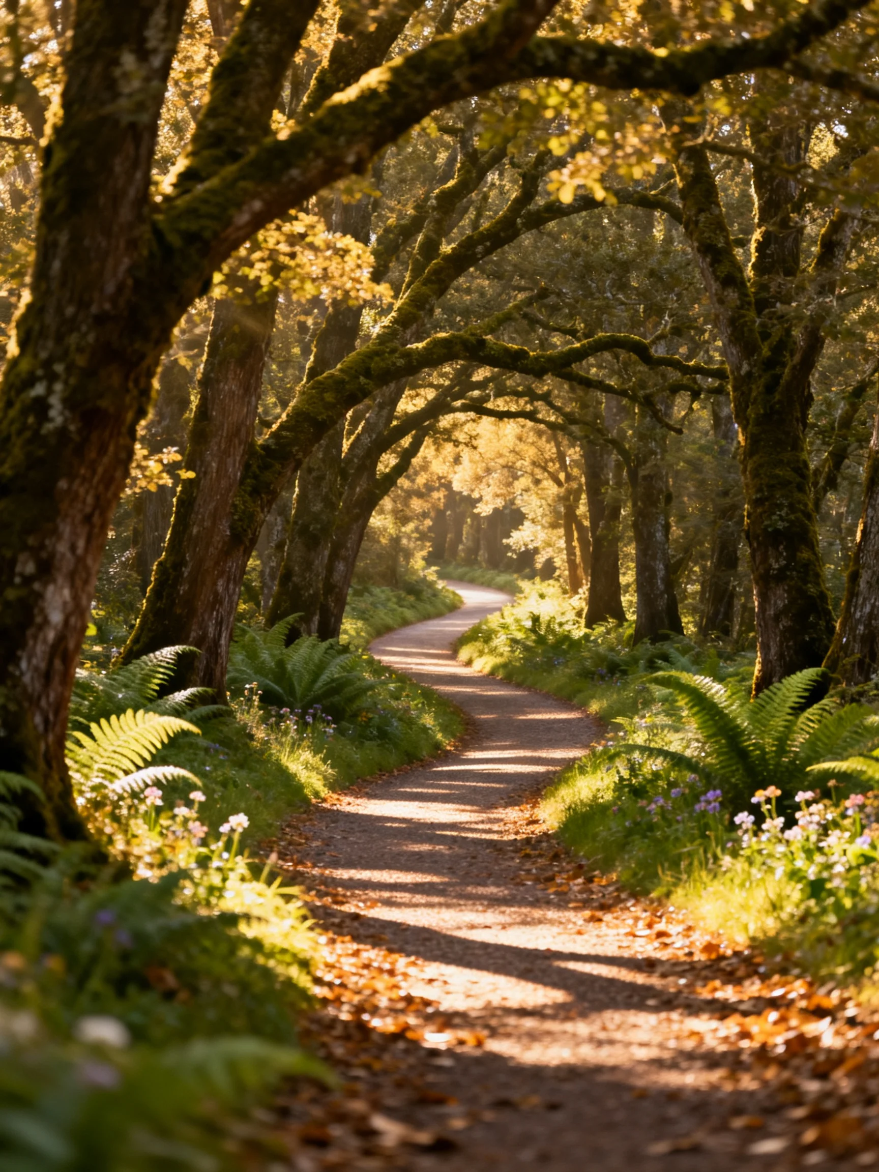 A sun-dappled forest path lined with ancient trees and ferns