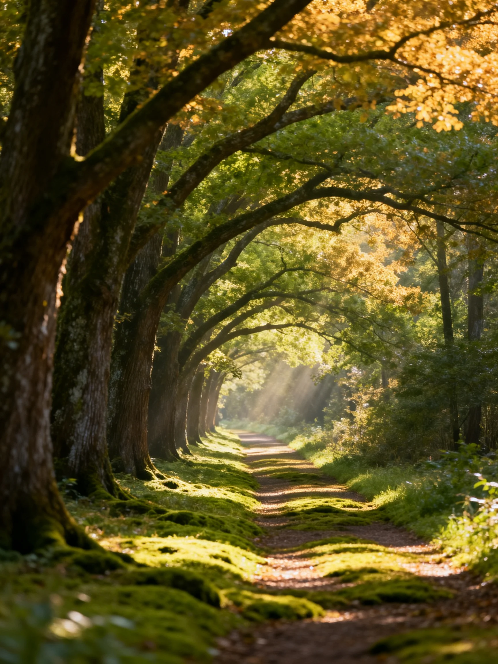 A sun-dappled forest path lined with ancient trees and moss