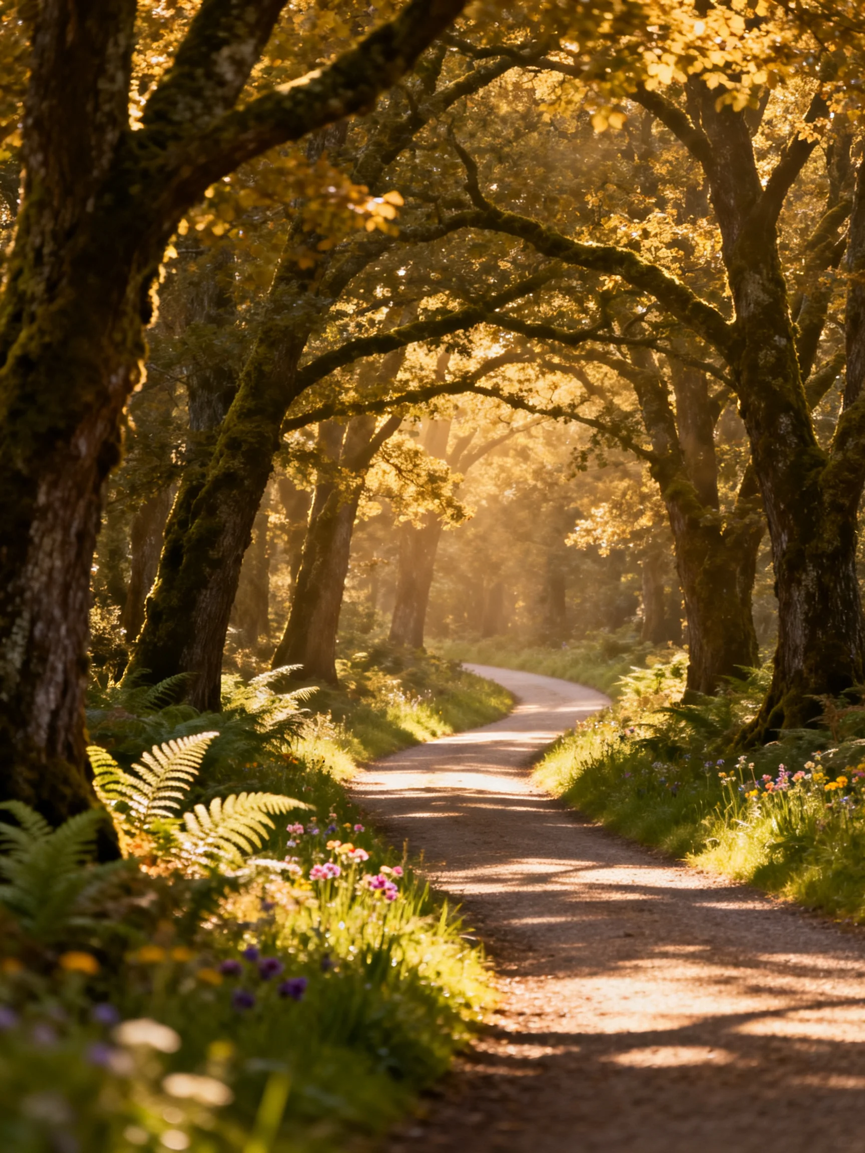 A sun-dappled forest path lined with ancient trees and wildflowers