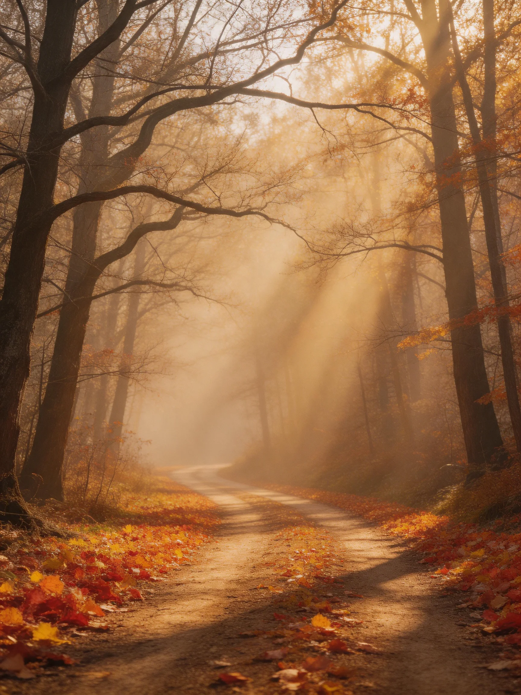 A sun-dappled forest path lined with autumn foliage and golden rays