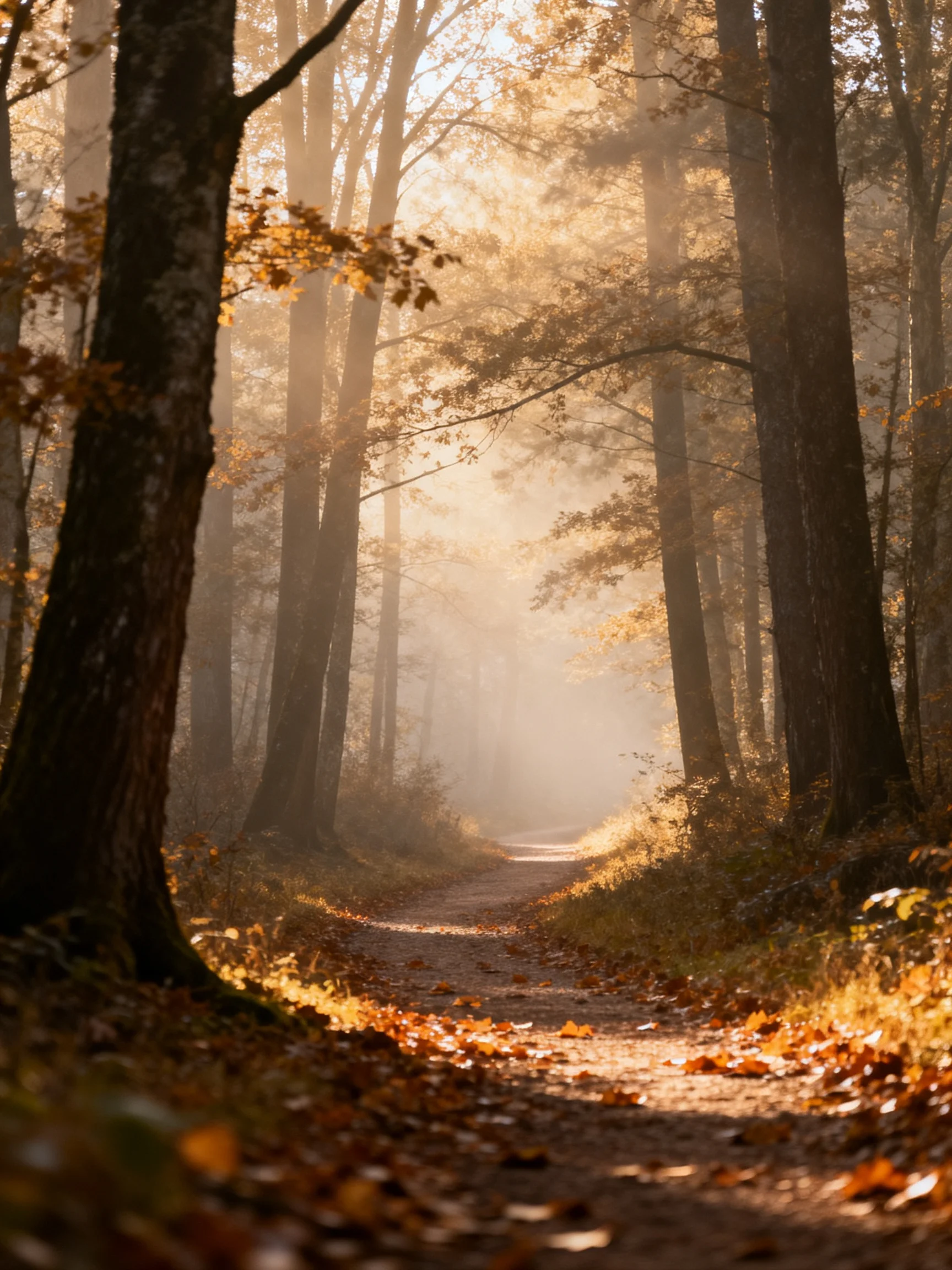 A sun-dappled forest path lined with autumn foliage and tall trees