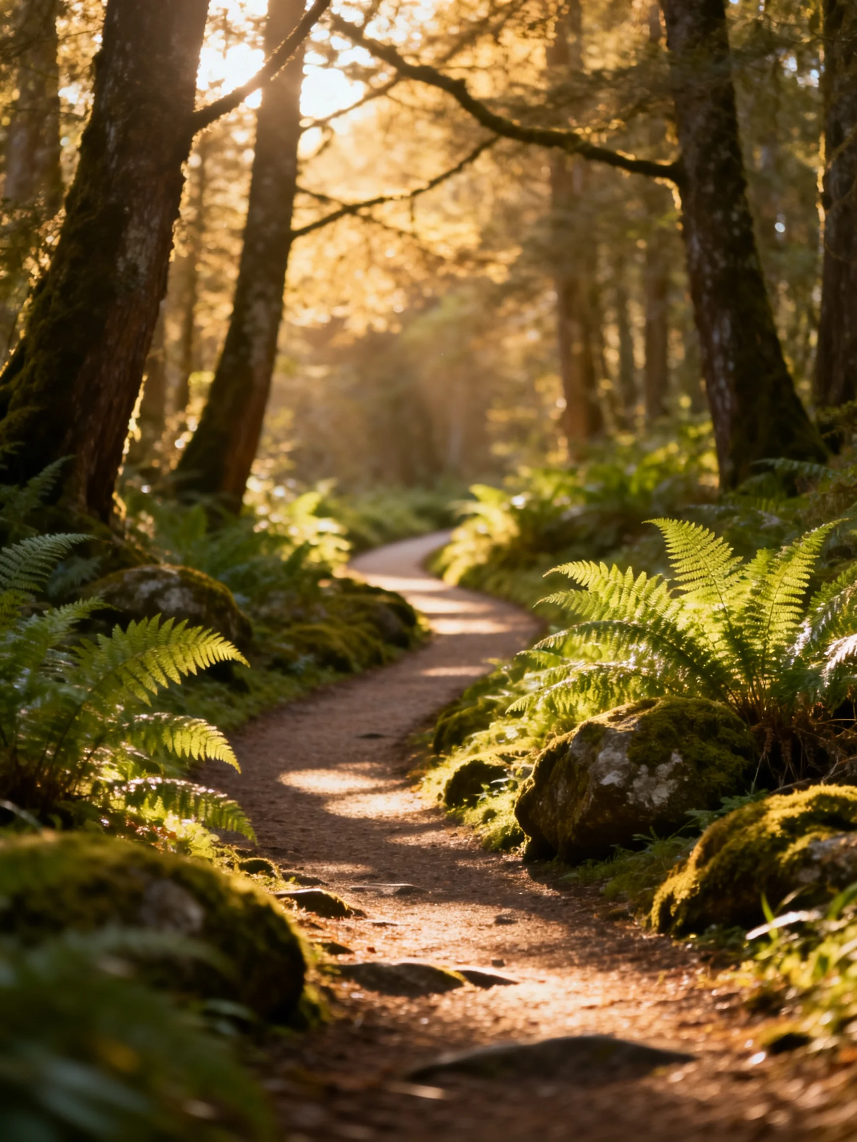A sun-dappled forest path lined with ferns and moss