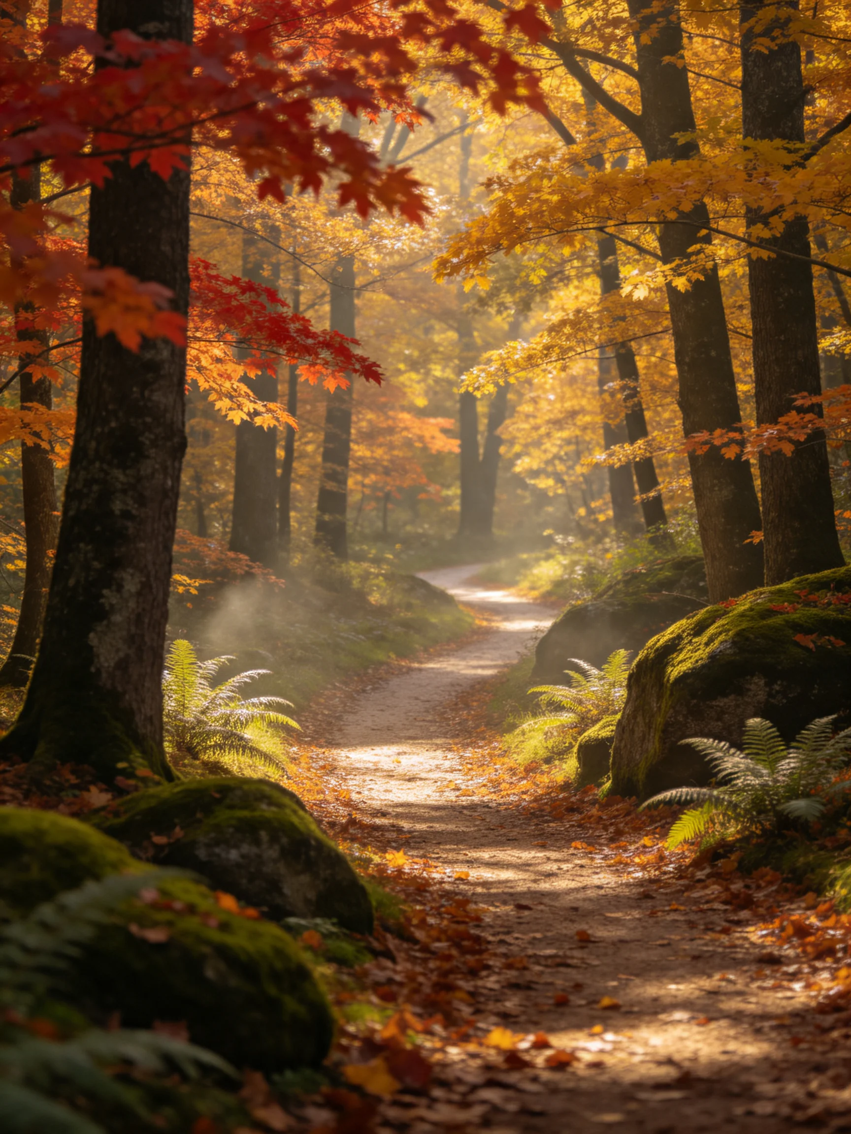 A sun-dappled forest path lined with golden and crimson foliage