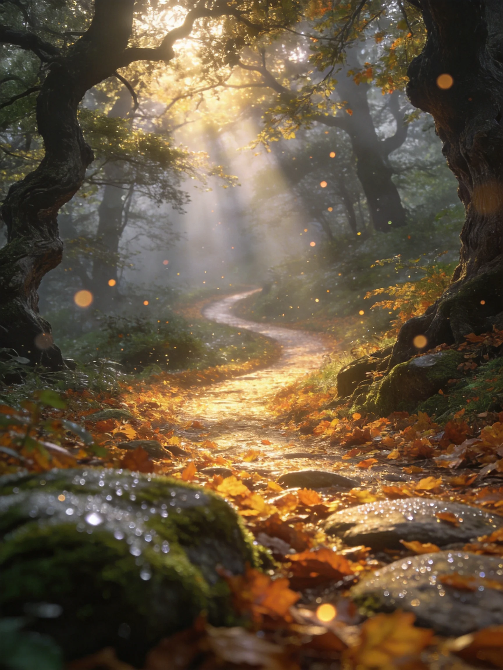 A sun-dappled forest path lined with golden autumn leaves