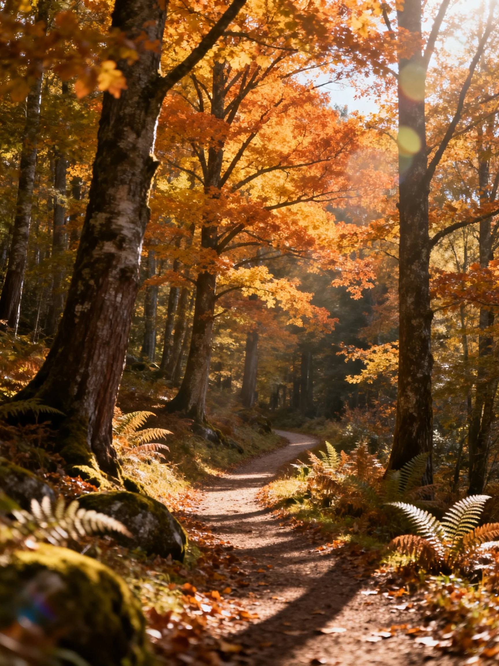 A sun-dappled forest path lined with golden-orange trees