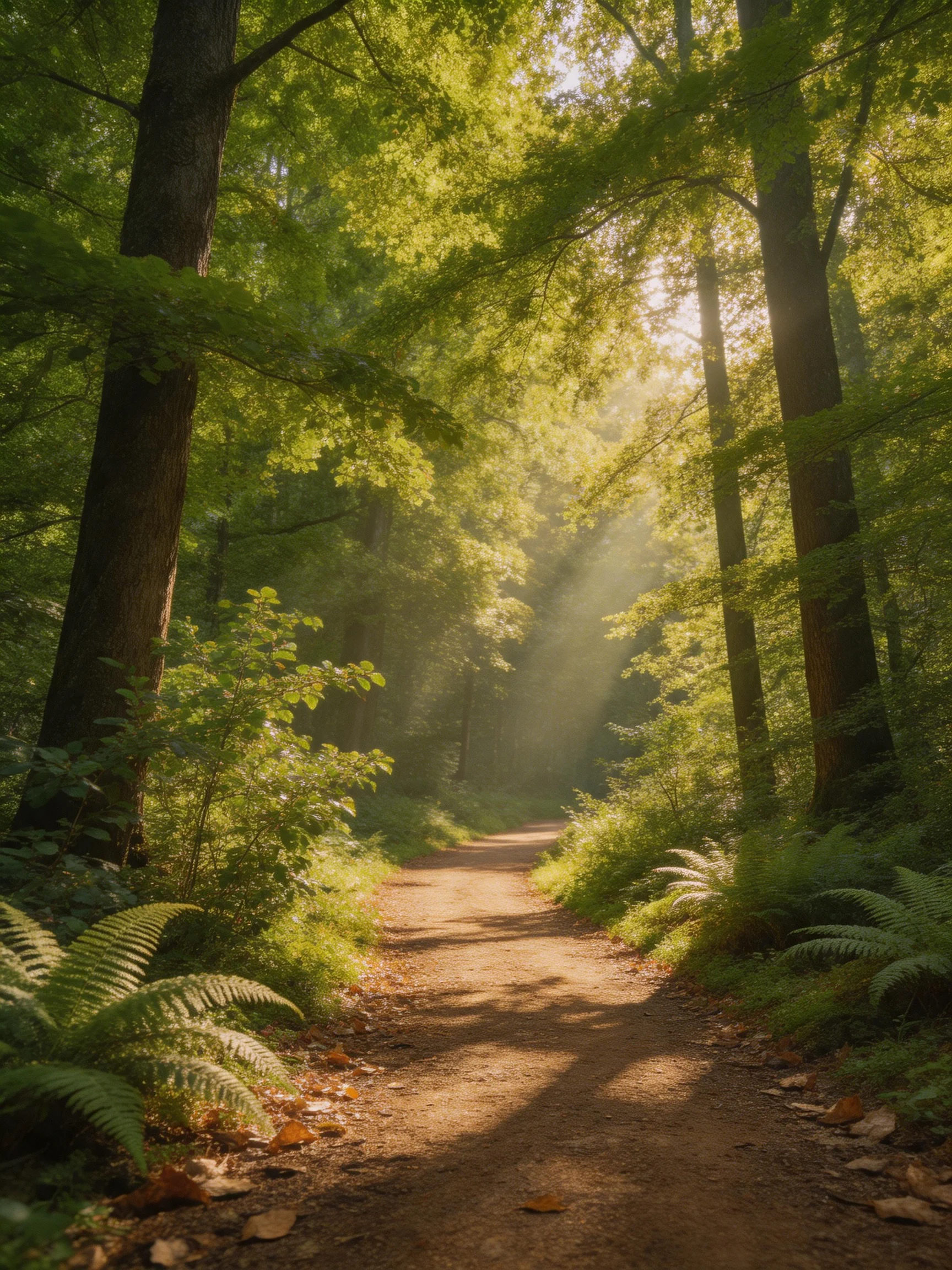 A sun-dappled forest path lined with lush green vegetation