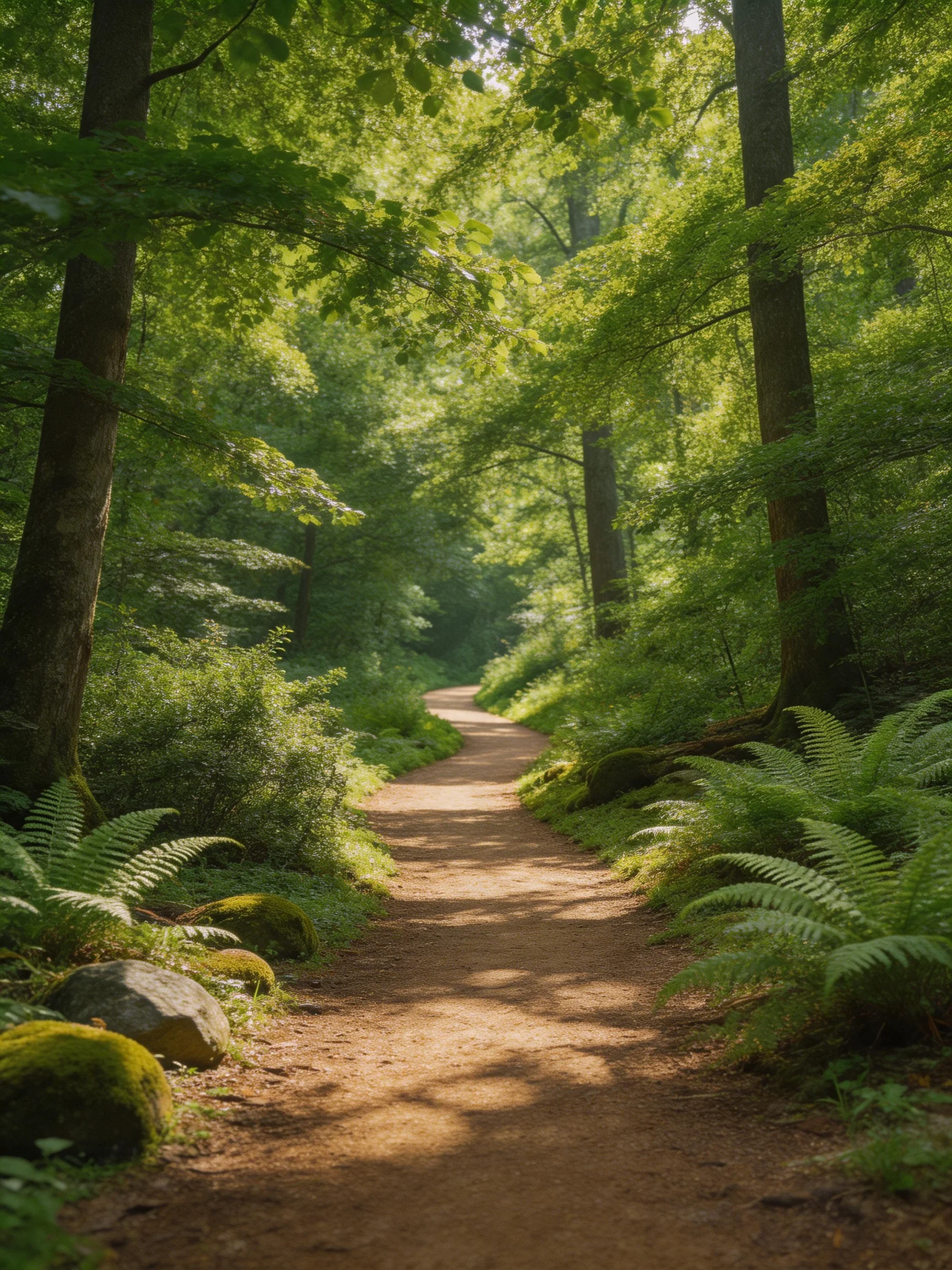 A sun-dappled forest path lined with lush greenery