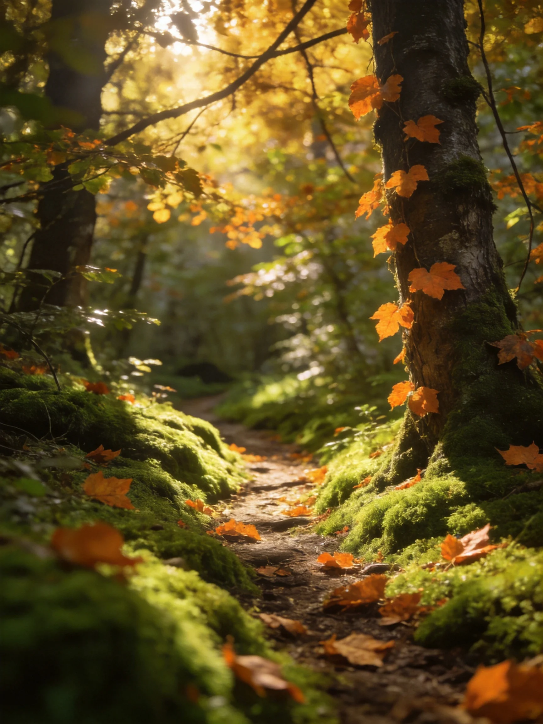 A sun-dappled forest path lined with moss and golden leaves
