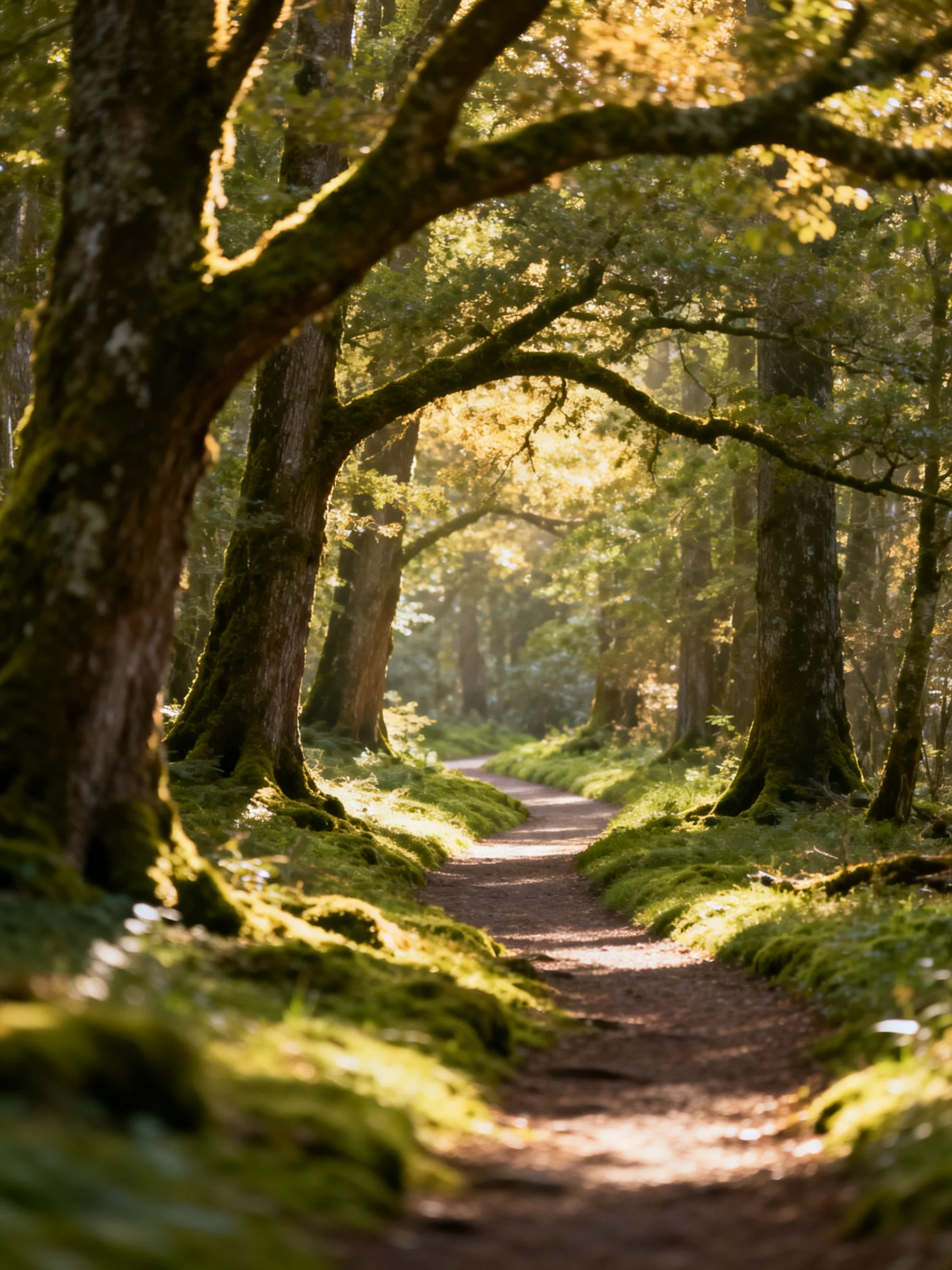 A sun-dappled forest path lined with moss-covered ancient trees