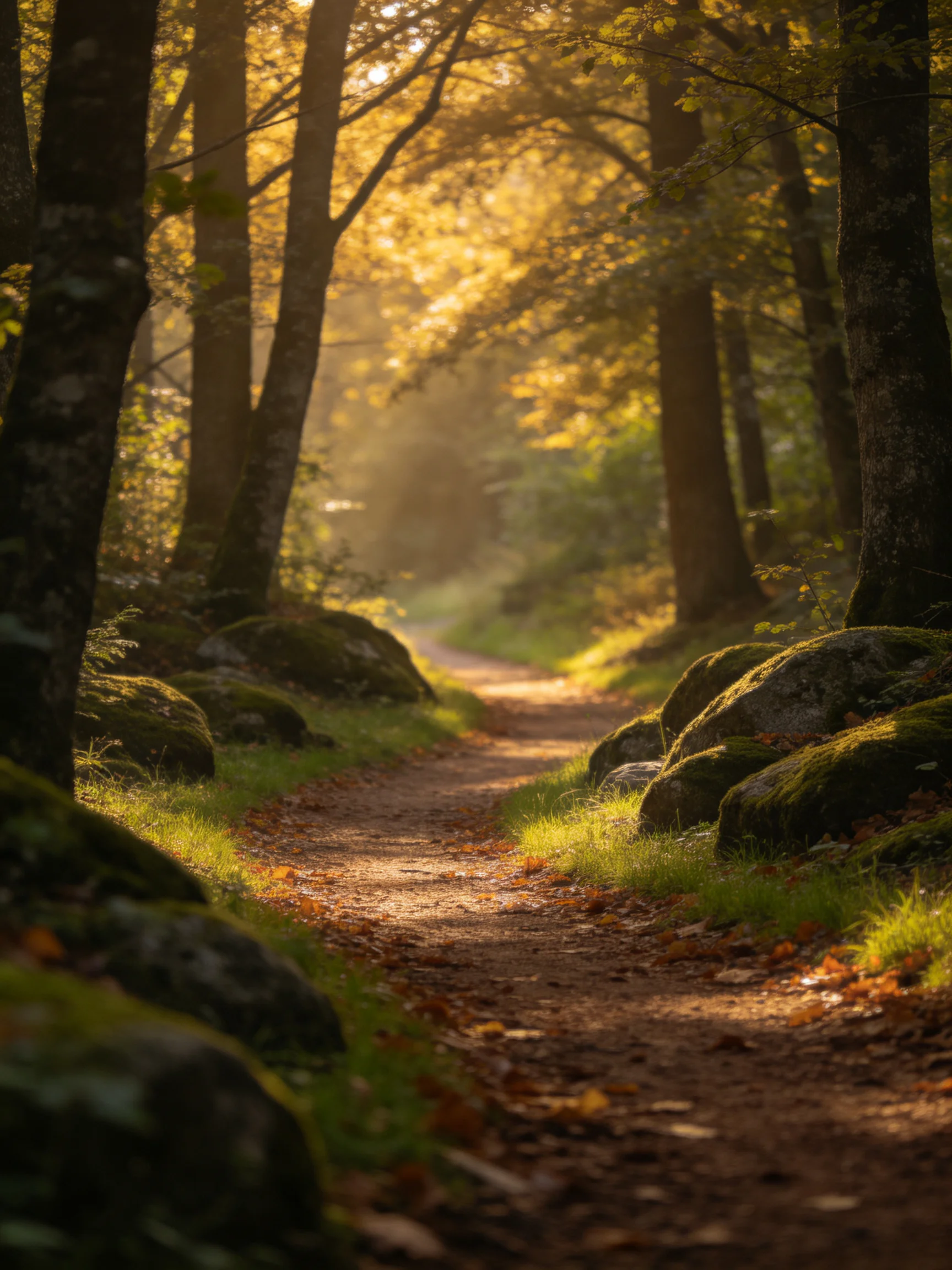 A sun-dappled forest path lined with moss-covered boulders