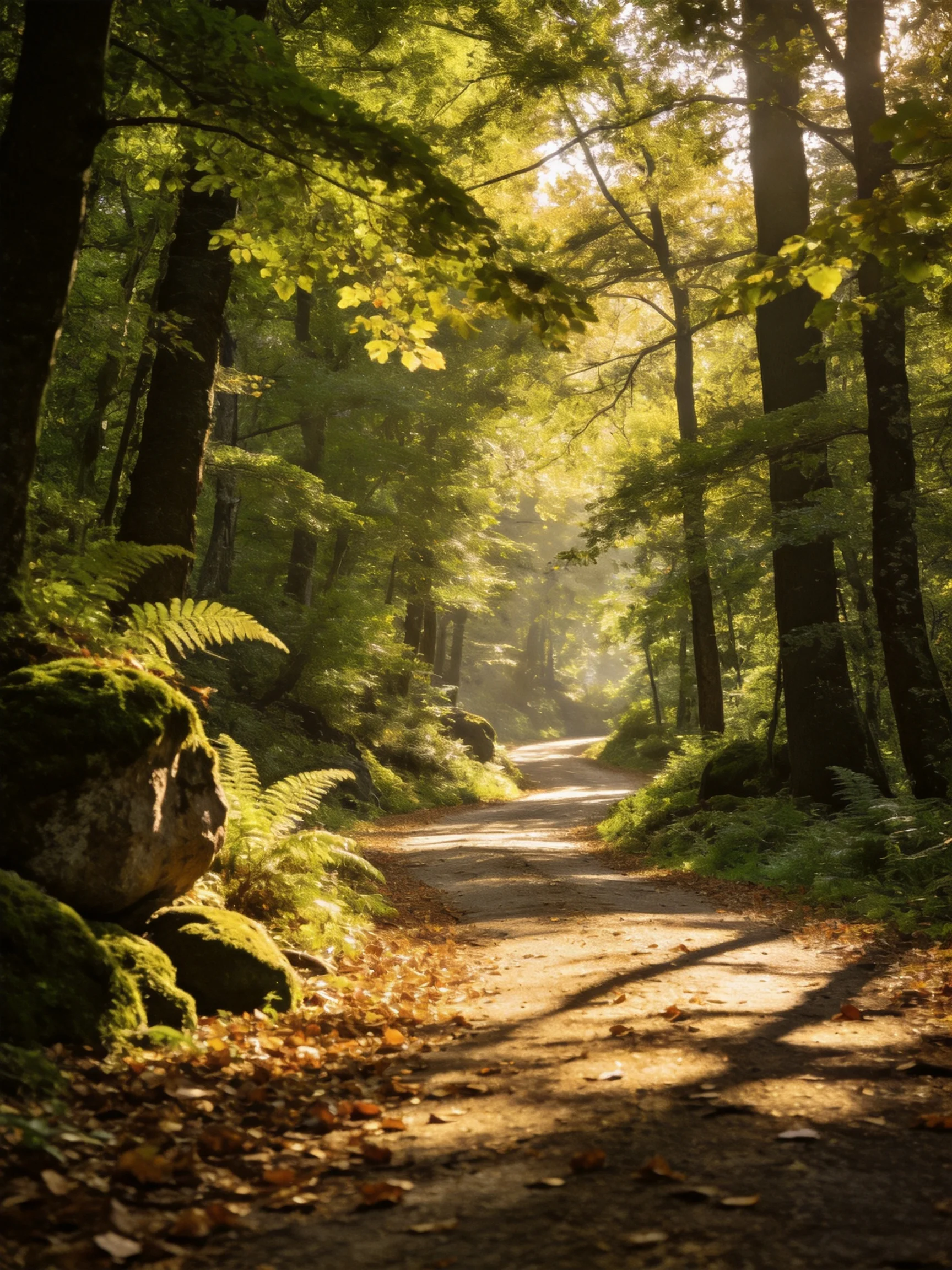 A sun-dappled forest path lined with moss-covered rocks and tall trees