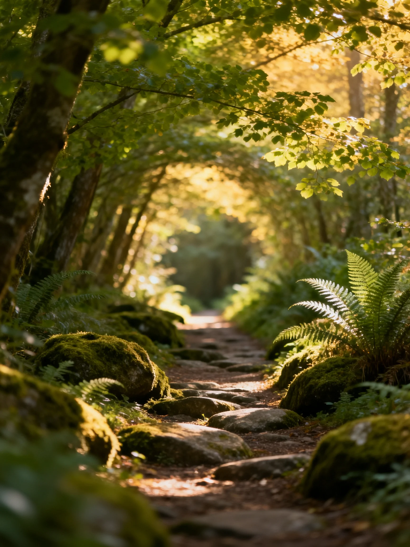 A sun-dappled forest path lined with moss-covered stones and ferns
