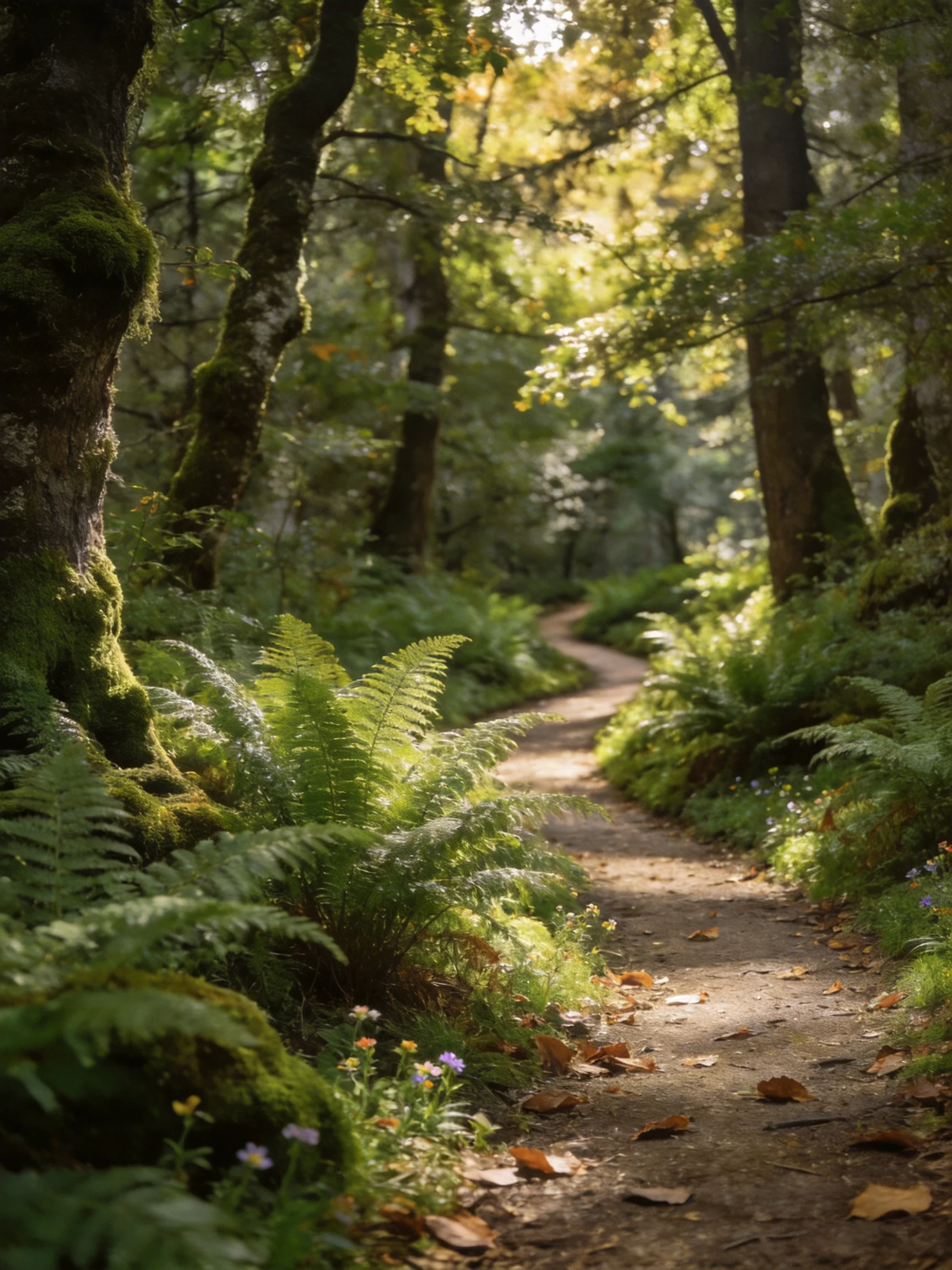 A sun-dappled forest path lined with moss-covered trees and ferns