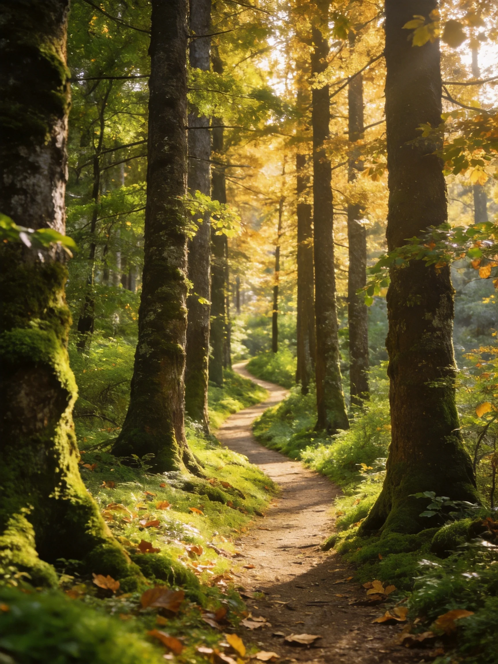 A sun-dappled forest path lined with moss-covered trees