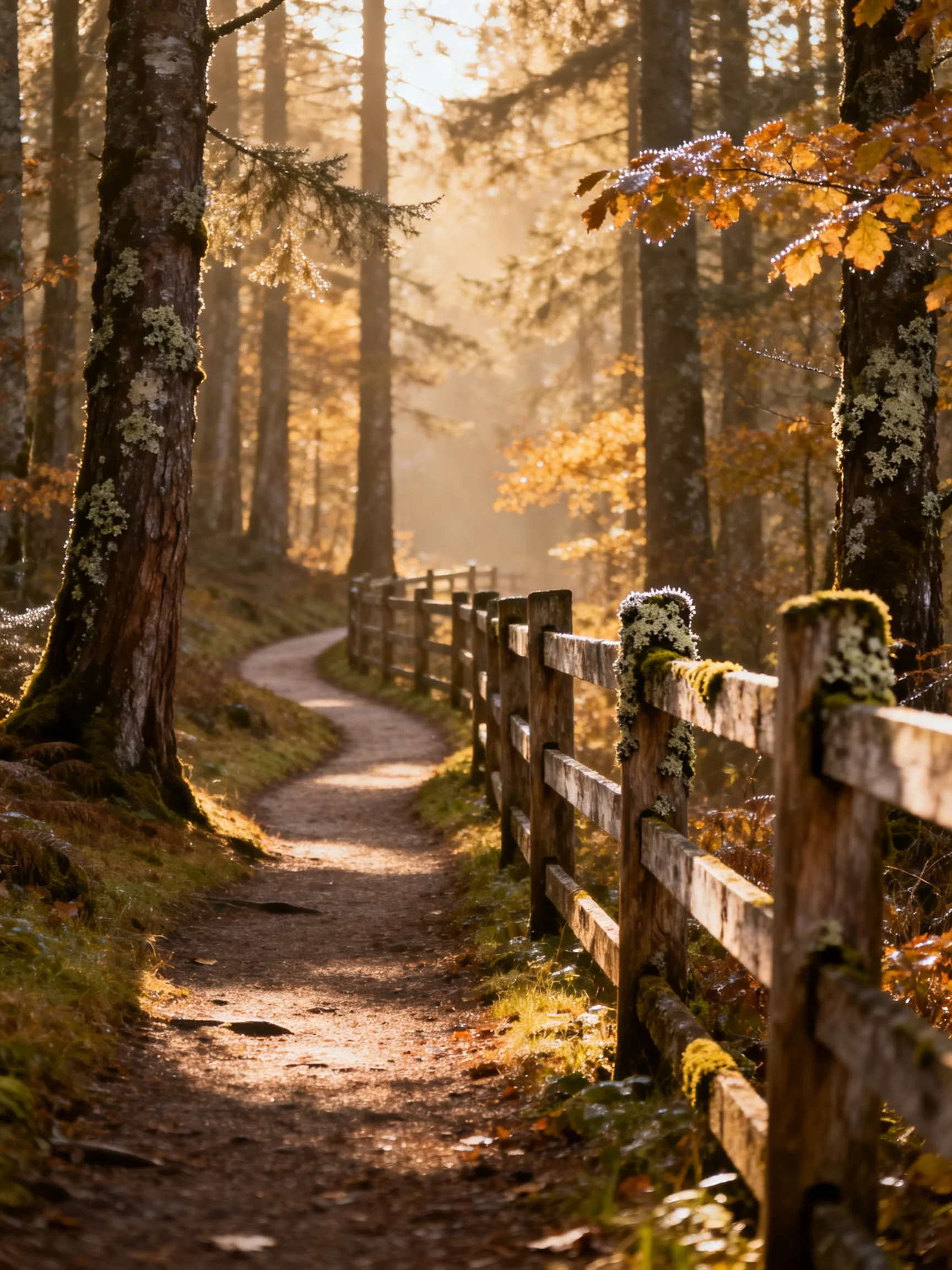 A sun-dappled forest path lined with moss-covered wooden fences