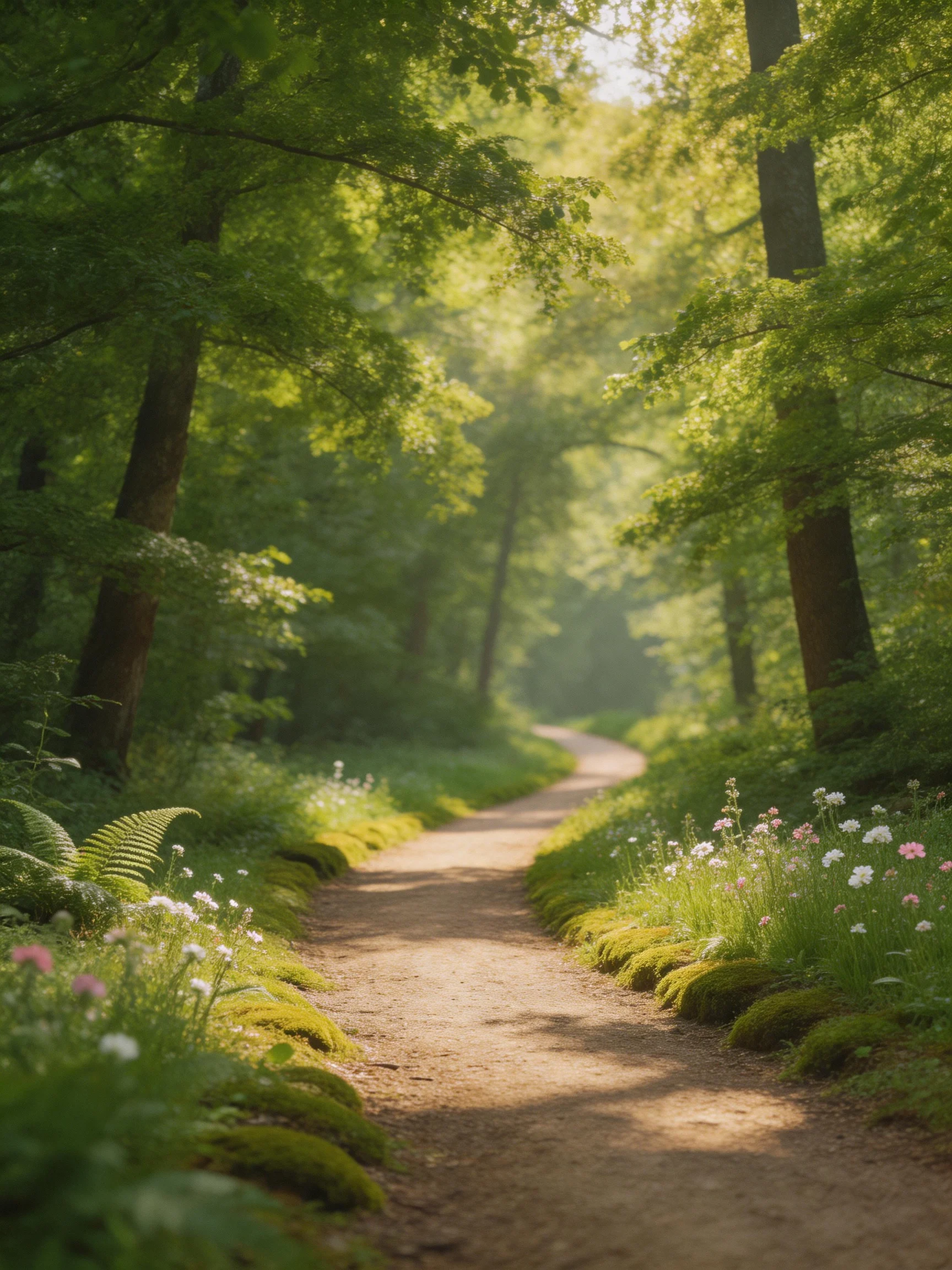 A sun-dappled forest path lined with moss, ferns, and wildflowers