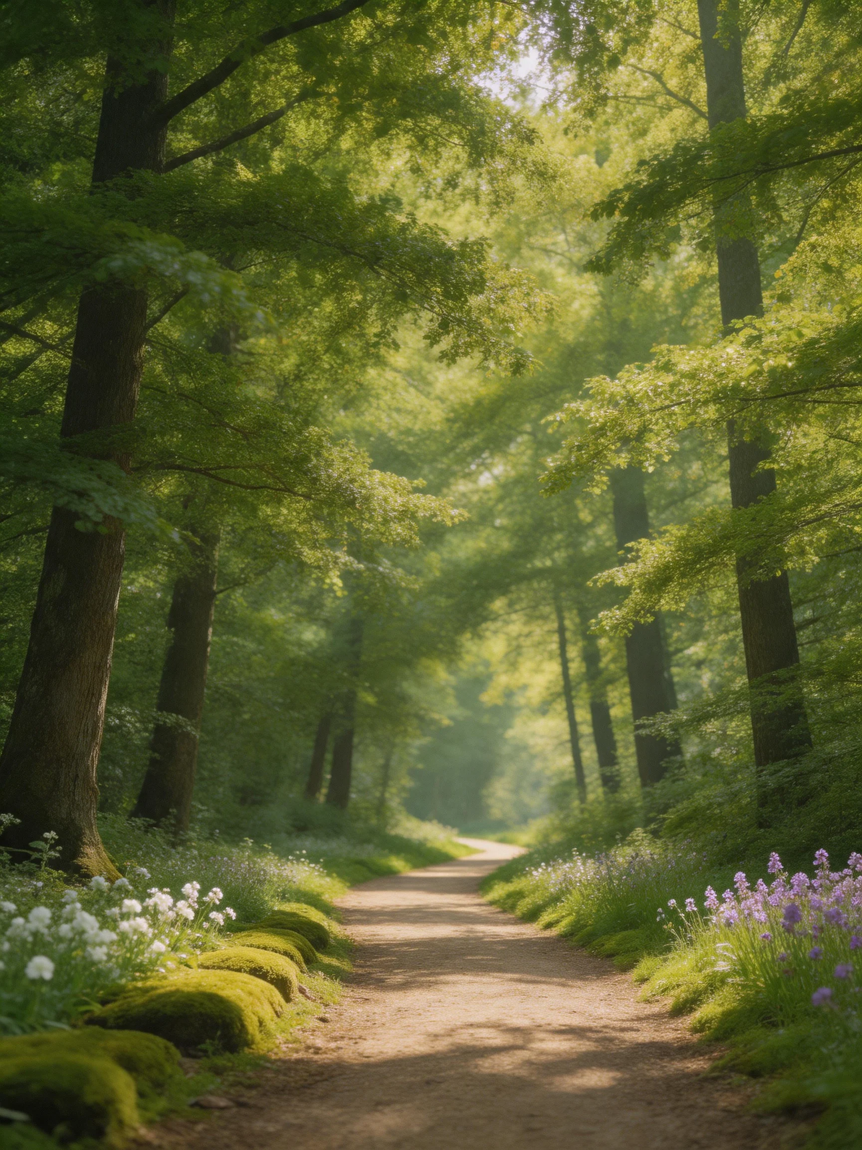 A sun-dappled forest path lined with mossy rocks and colorful wildflowers