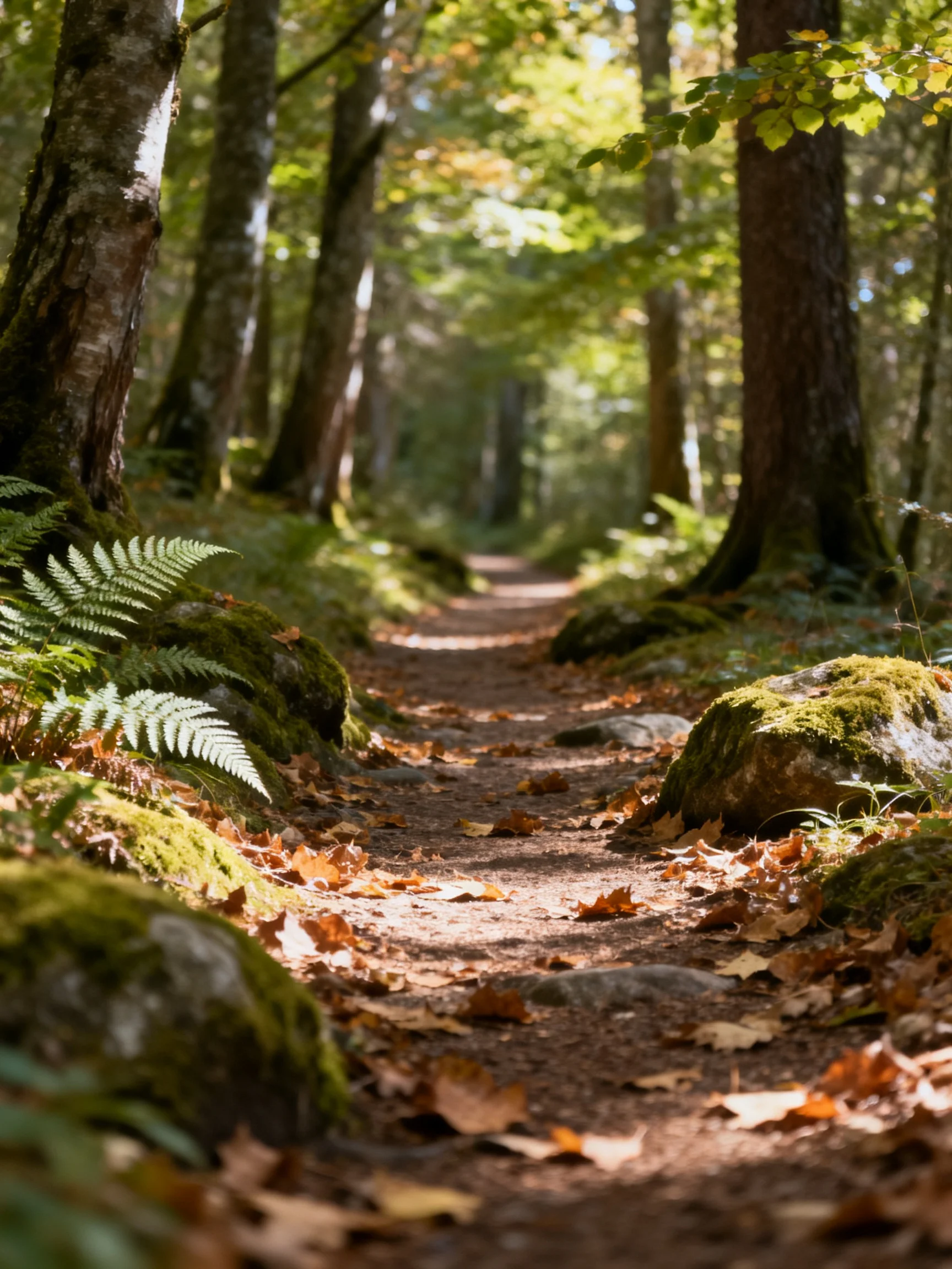 A sun-dappled forest path lined with mossy rocks and ferns