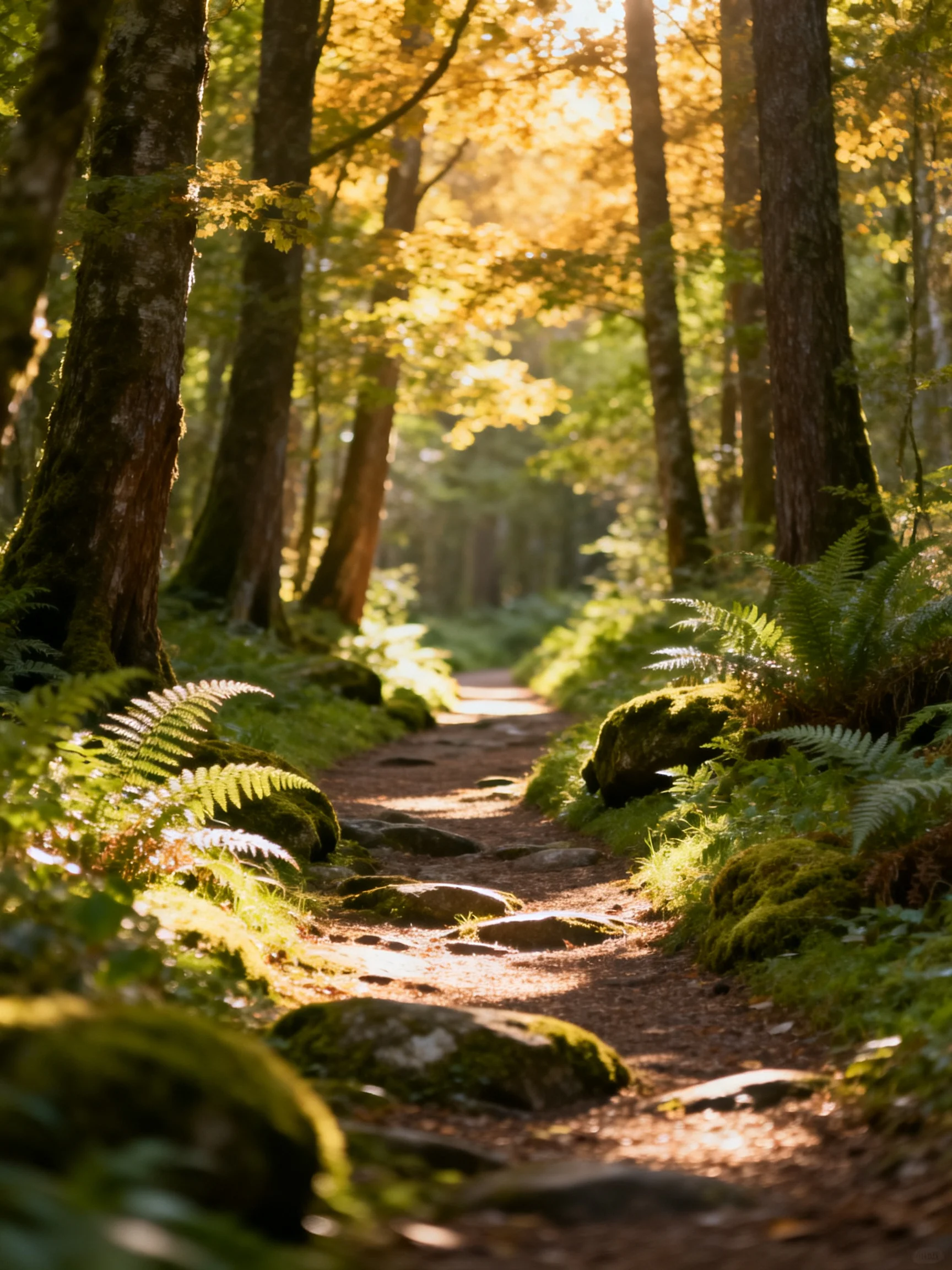 A sun-dappled forest path lined with mossy rocks and ferns
