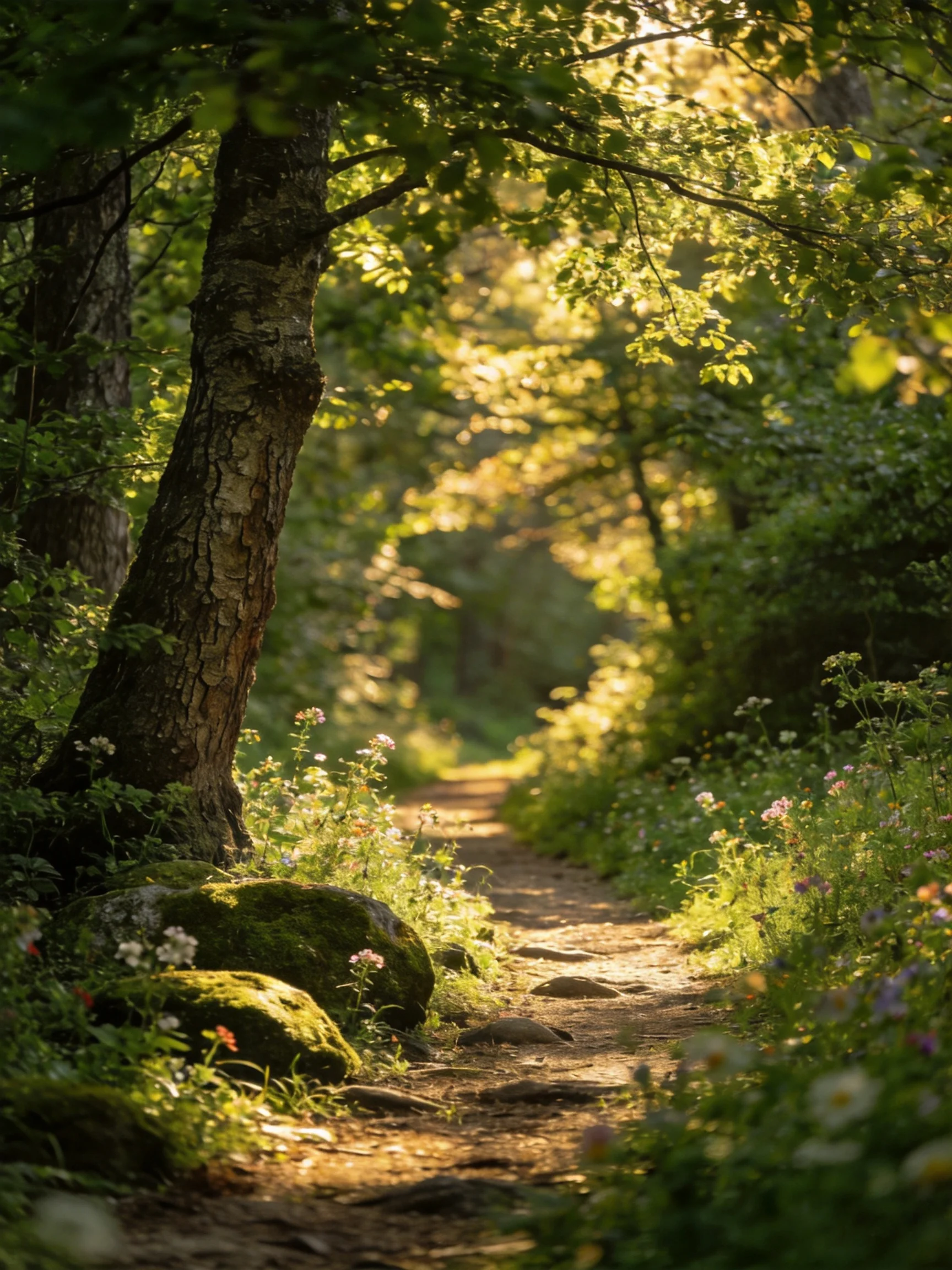 A sun-dappled forest path lined with mossy rocks and wildflowers