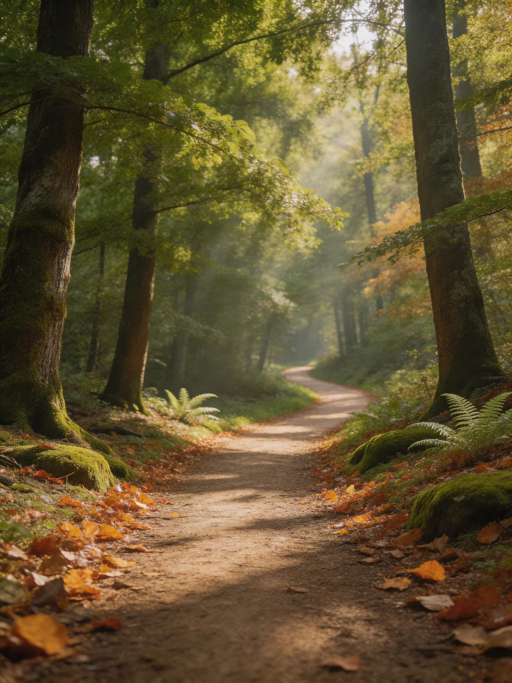 A sun-dappled forest path lined with mossy trees and autumn leaves