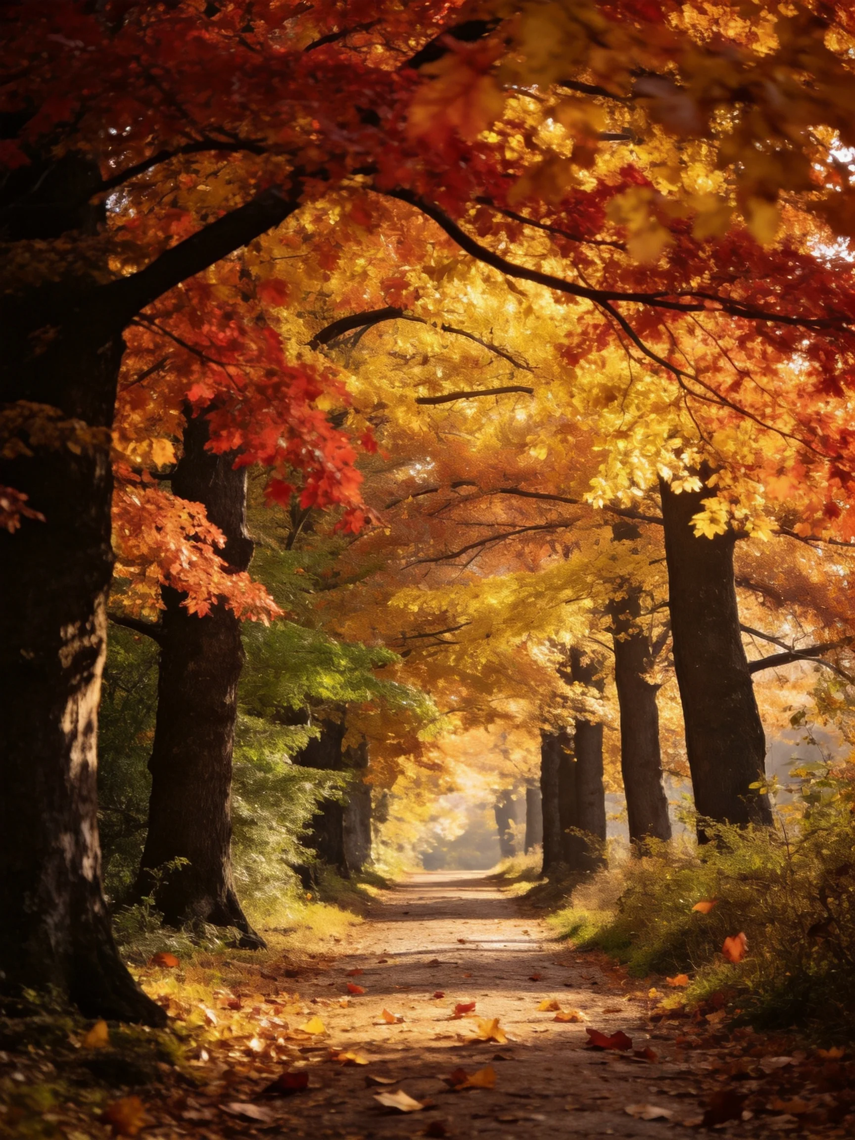 A sun-dappled forest path lined with multicolored autumn trees