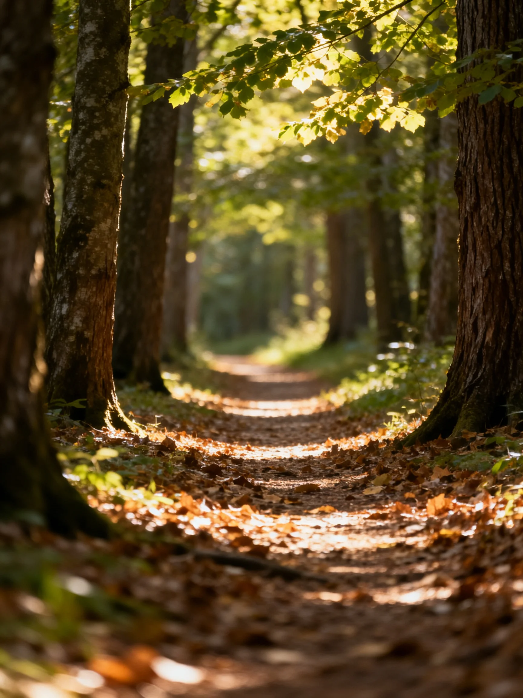 A sun-dappled forest path lined with tall brown-trunked trees